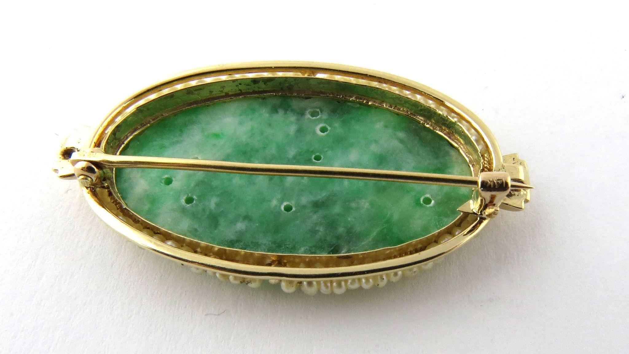 Women's 14 Karat Yellow Gold Oval Brooch Pin with Carved Jade and Seed Pearls