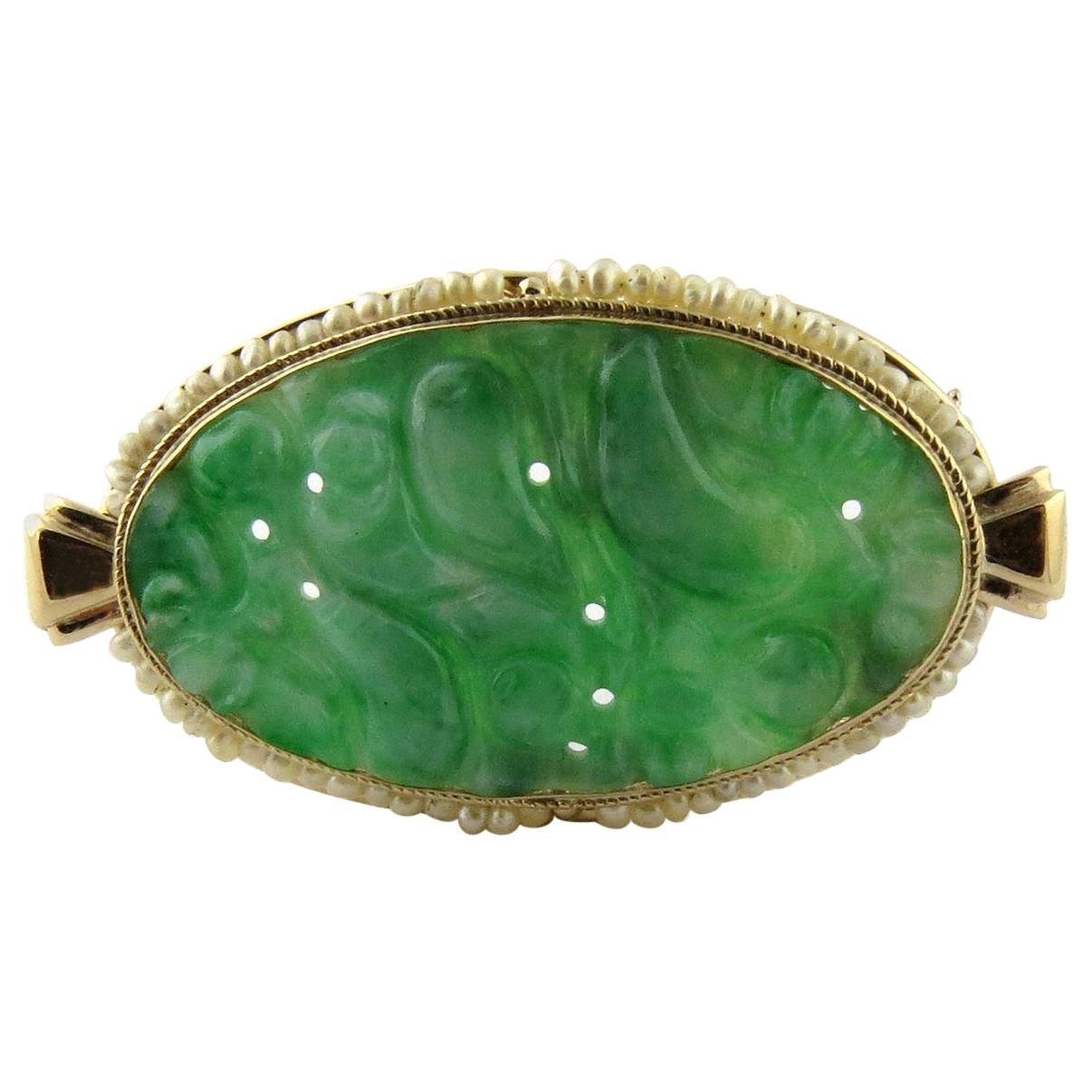 14 Karat Yellow Gold Oval Brooch Pin with Carved Jade and Seed Pearls