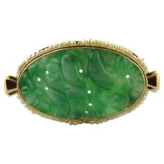 14 Karat Yellow Gold Oval Brooch Pin with Carved Jade and Seed Pearls