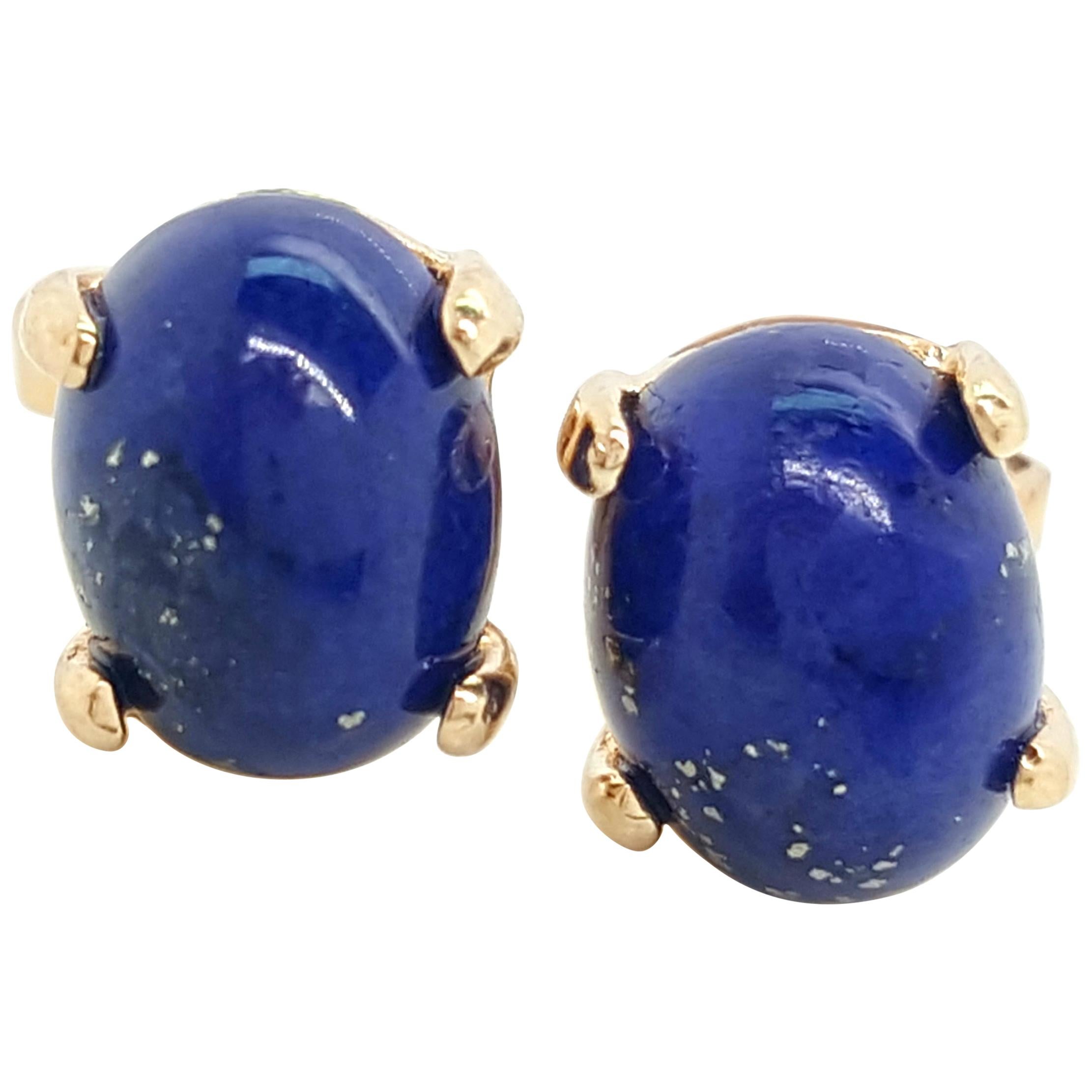 14 Karat Yellow Gold Oval Cabochon Lapis Lazuli Stud Earrings