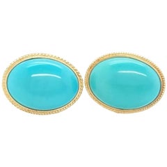 14 Karat Yellow Gold Oval Cabochon Turquoise Stud Earrings