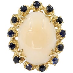14 Karat Yellow Gold Oval Coral and Sapphire Halo Cocktail Ring