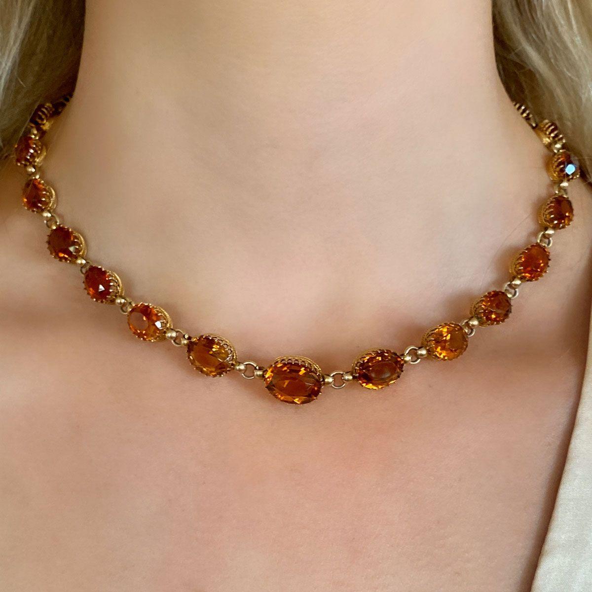 14 Karat Yellow Gold Oval Cut Citrine Riviere Necklace For Sale 6
