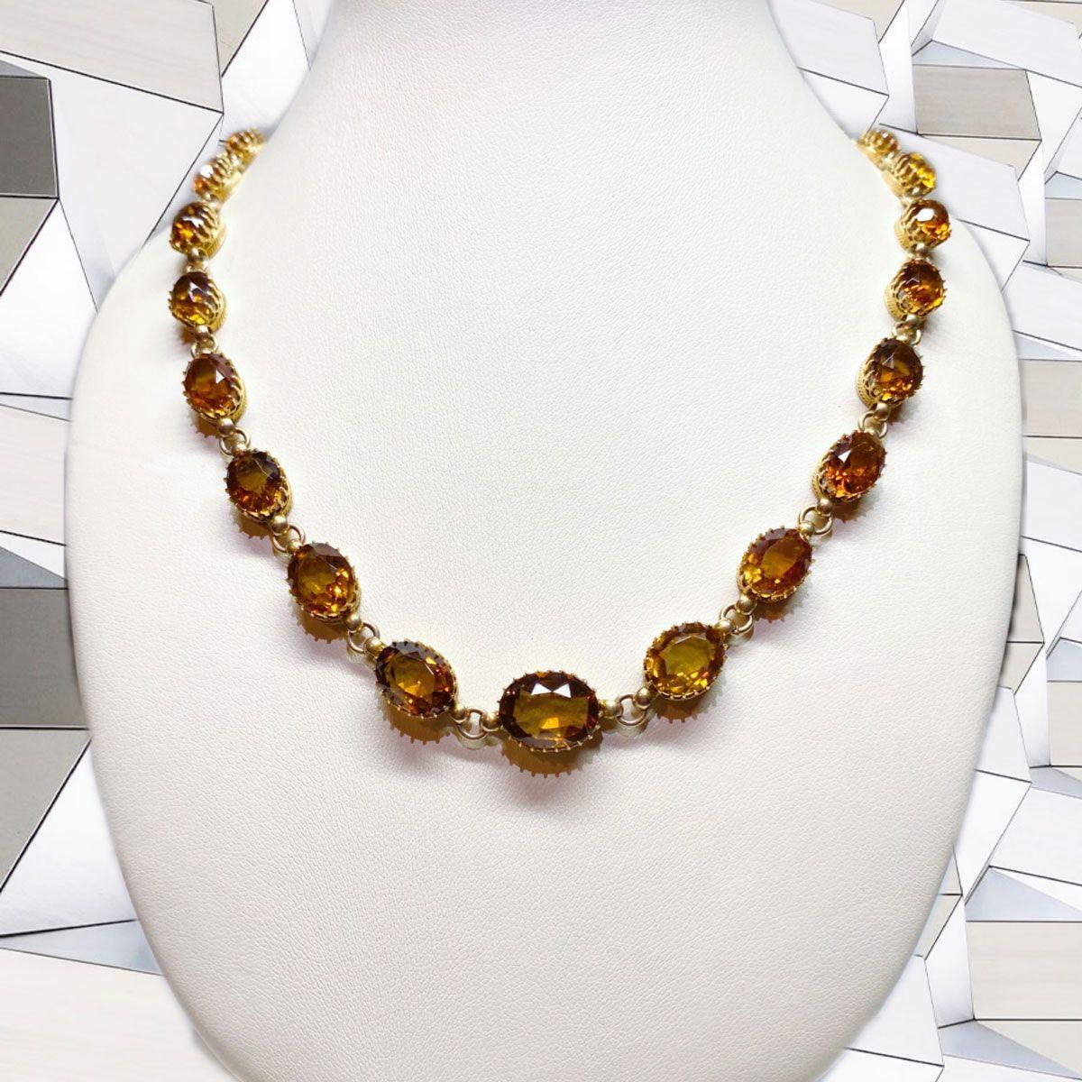14 Karat Yellow Gold Oval Cut Citrine Riviere Necklace For Sale 9