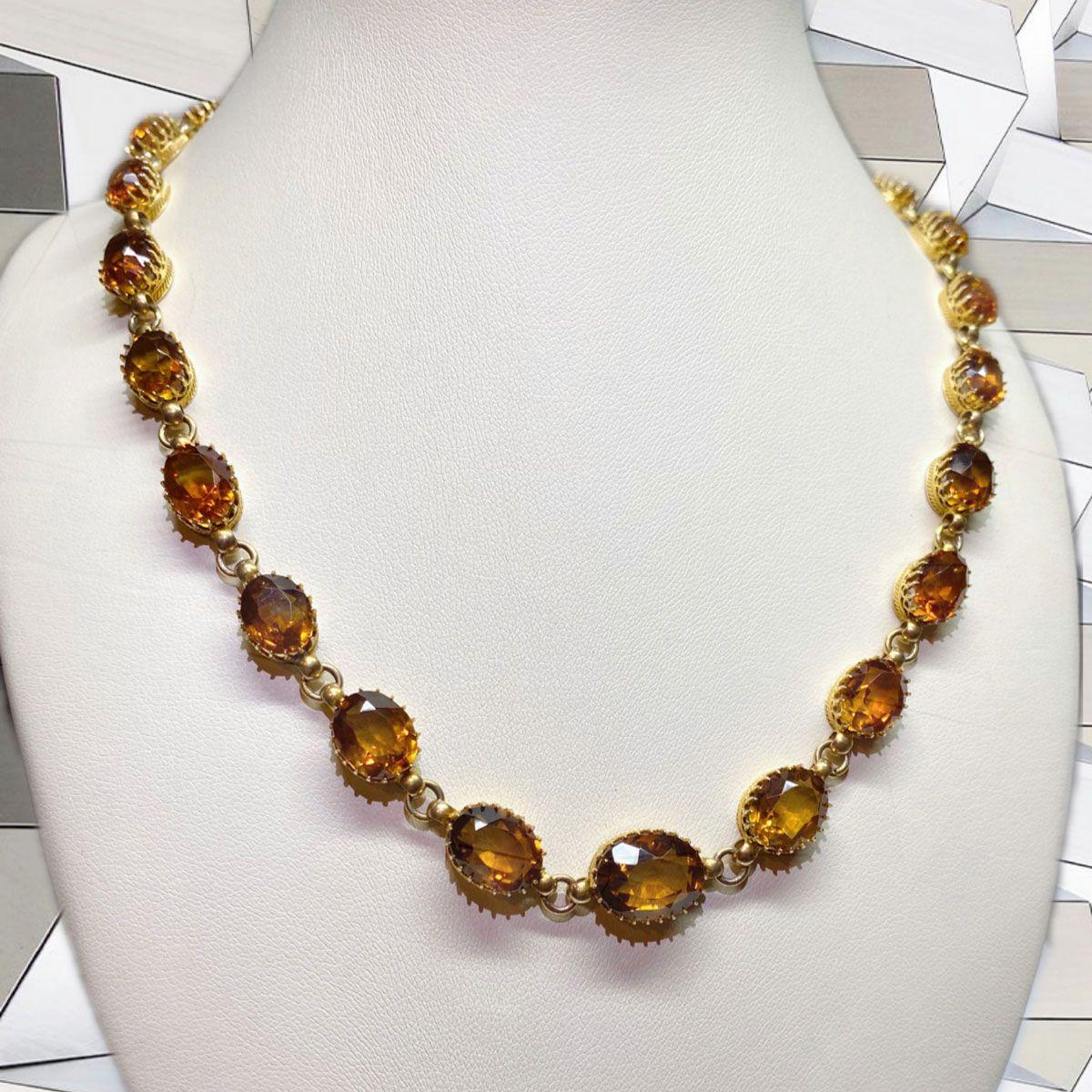 14 Karat Yellow Gold Oval Cut Citrine Riviere Necklace For Sale 10