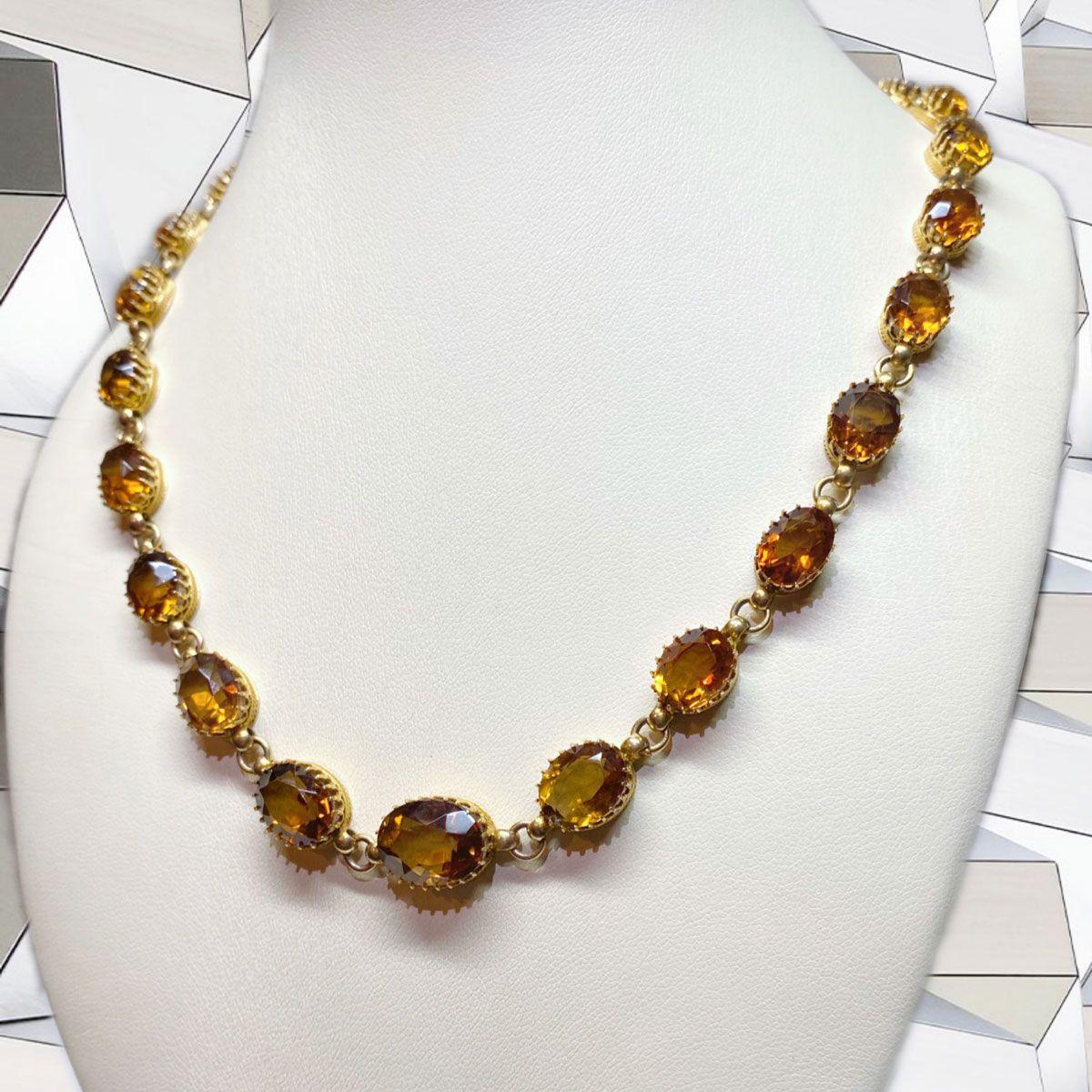 14 Karat Yellow Gold Oval Cut Citrine Riviere Necklace For Sale 11