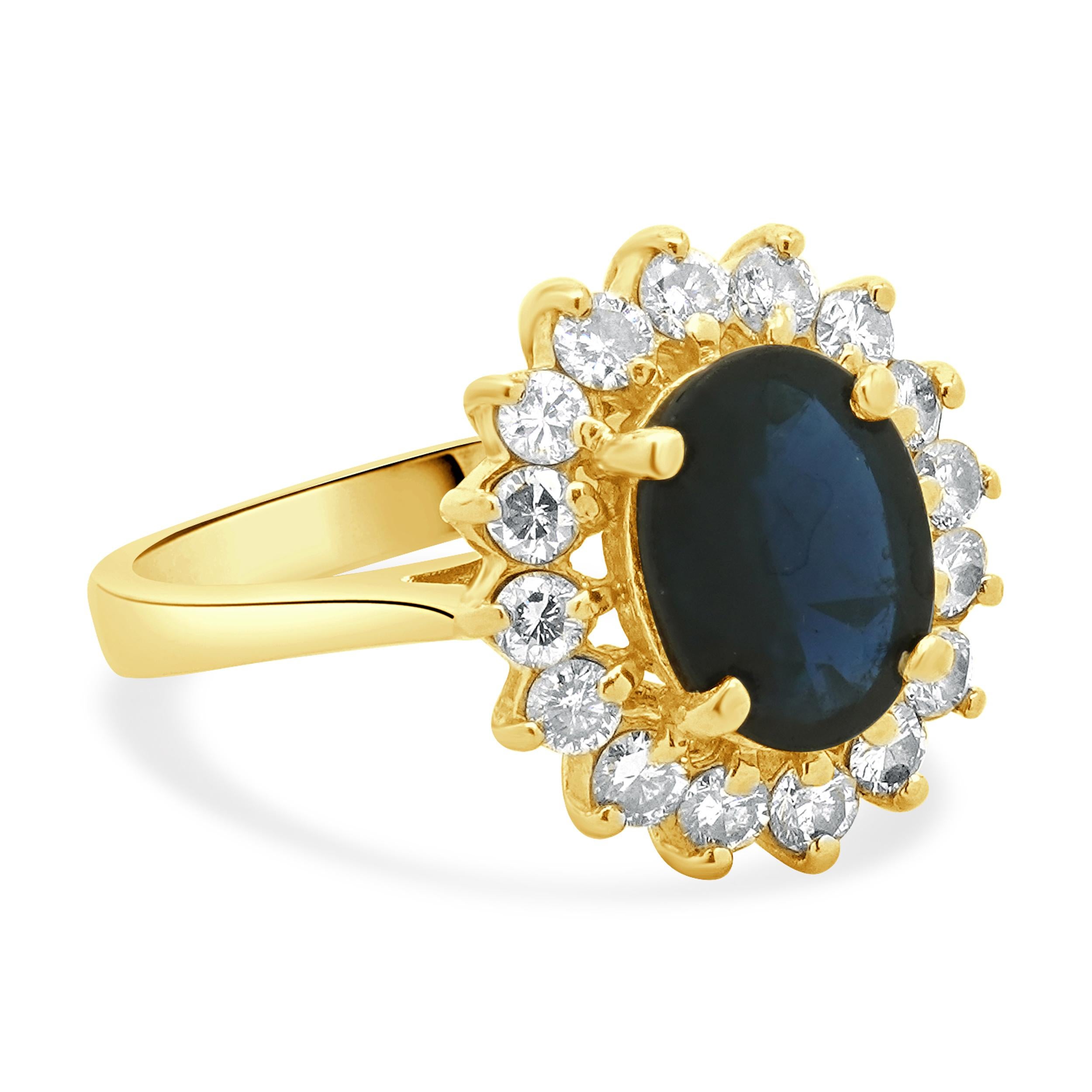 Matériau : Or jaune 14K
Diamant : 16 diamants ronds de taille brillant = 0,48cttw
Couleur : G 
Clarté : SI1
Saphir : 1 coupe ovale = 1,47ct
Taille de l'anneau : 7 (veuillez prévoir jusqu'à 2 jours ouvrables supplémentaires pour les demandes de