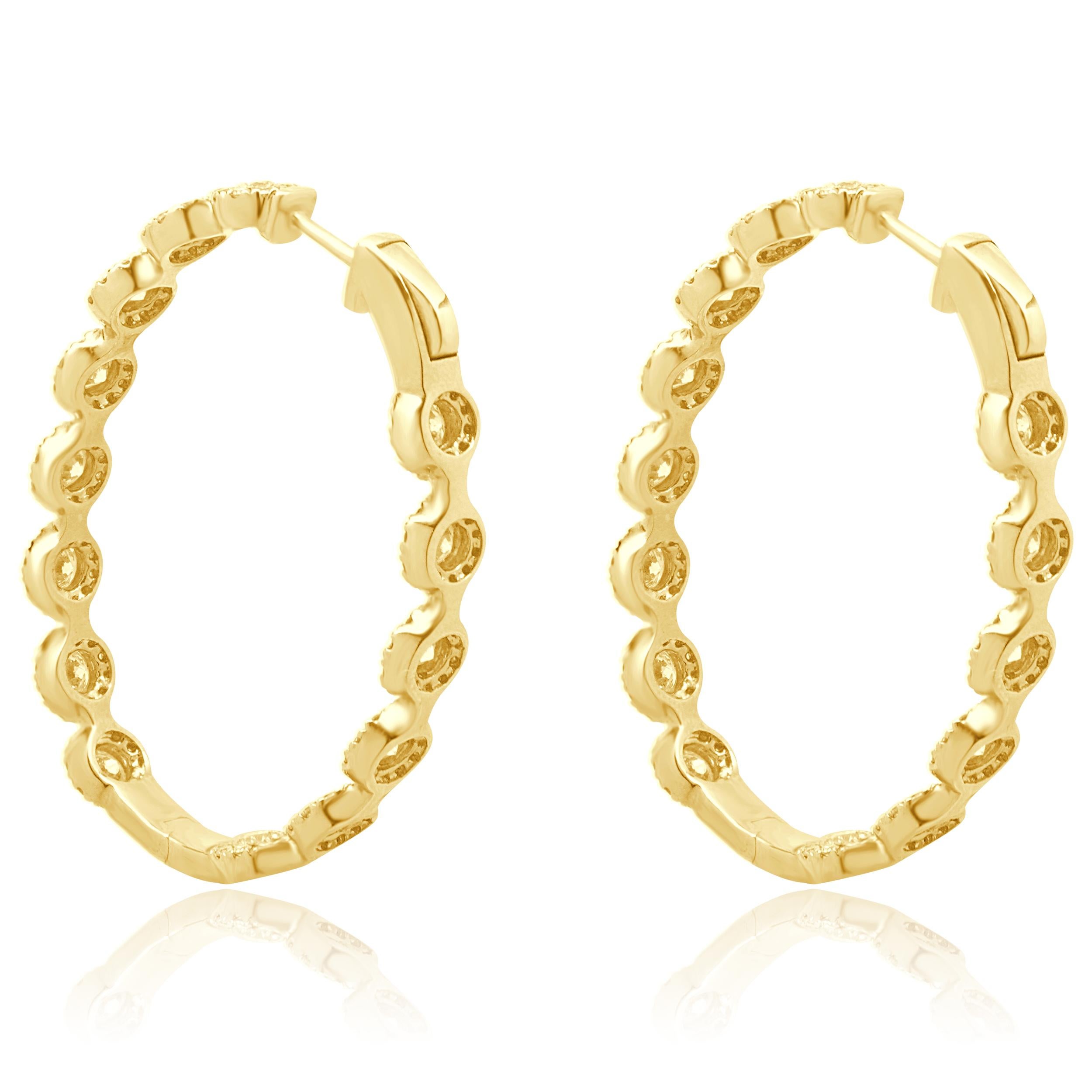 Round Cut 14 Karat Yellow Gold Oval Diamond Halo Hoop Earrings For Sale