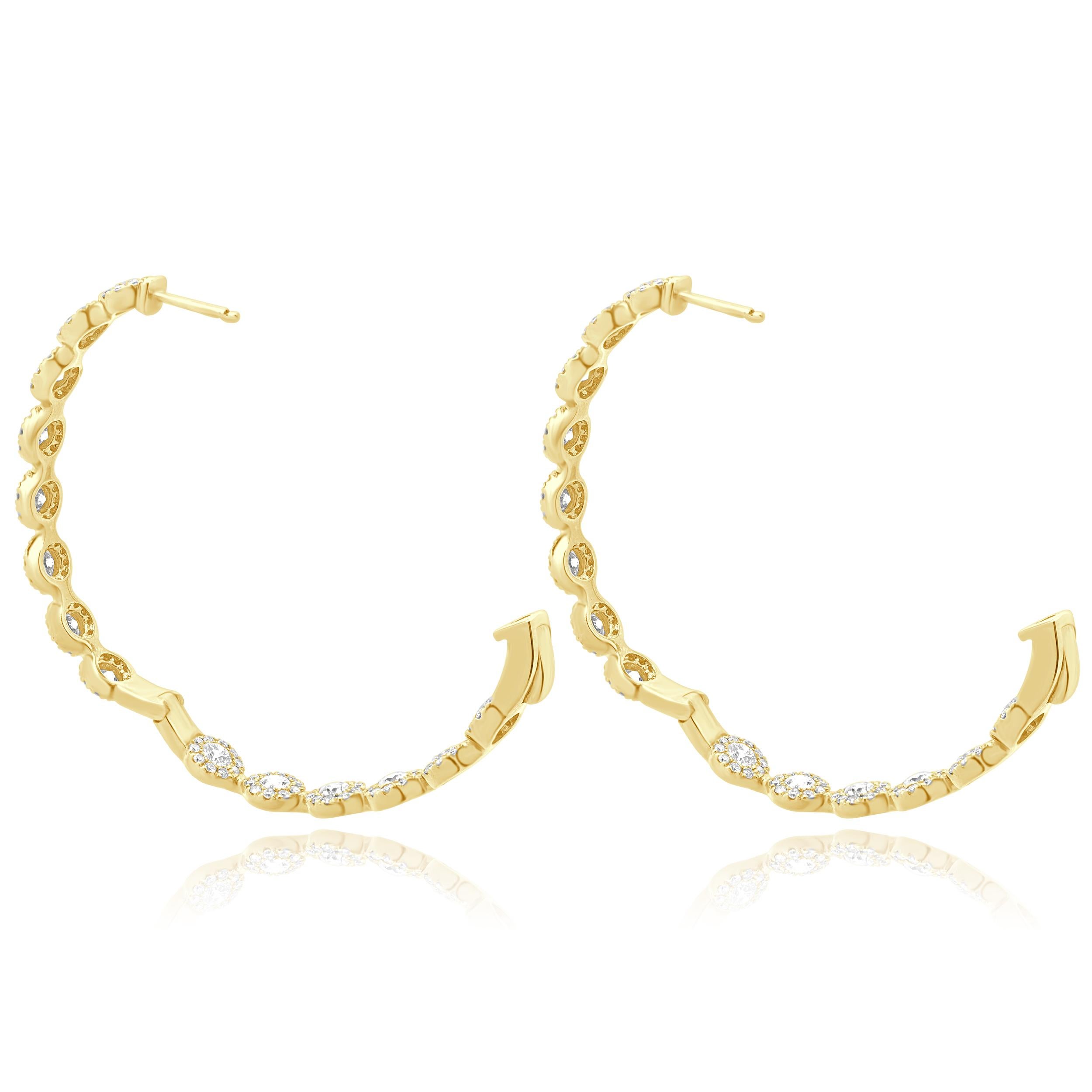 14 Karat Yellow Gold Oval Diamond Halo Hoop Earrings In Excellent Condition For Sale In Scottsdale, AZ