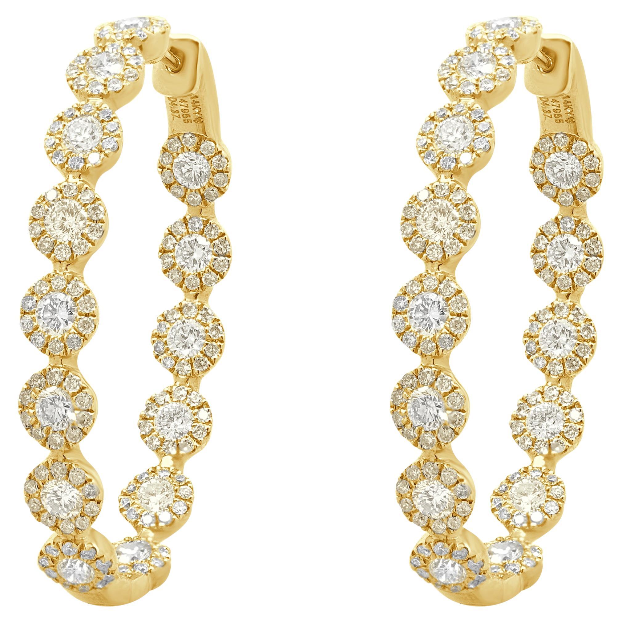 14 Karat Yellow Gold Oval Diamond Halo Hoop Earrings For Sale