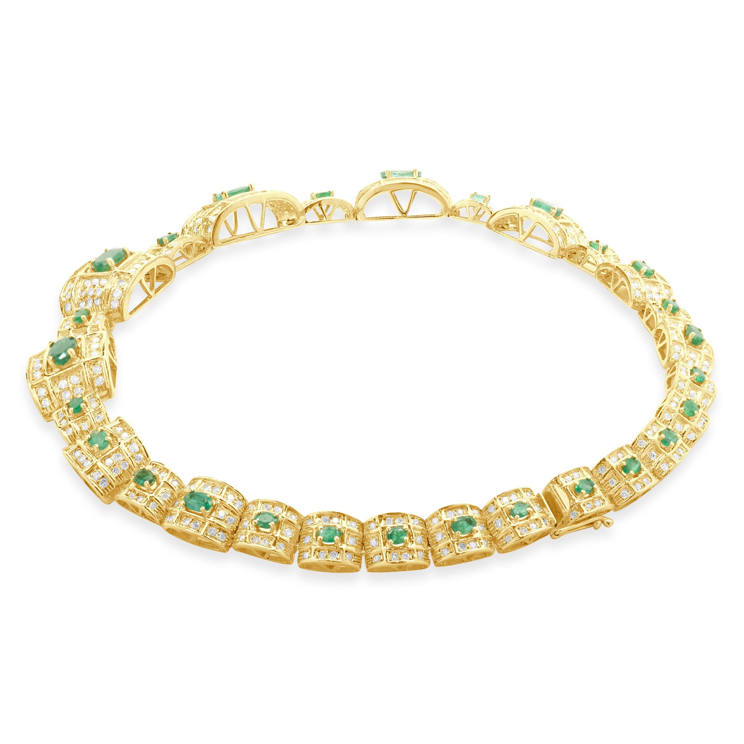 Oval Cut 14 Karat Yellow Gold Oval Emerald and Diamond Cocktail Collar Necklace