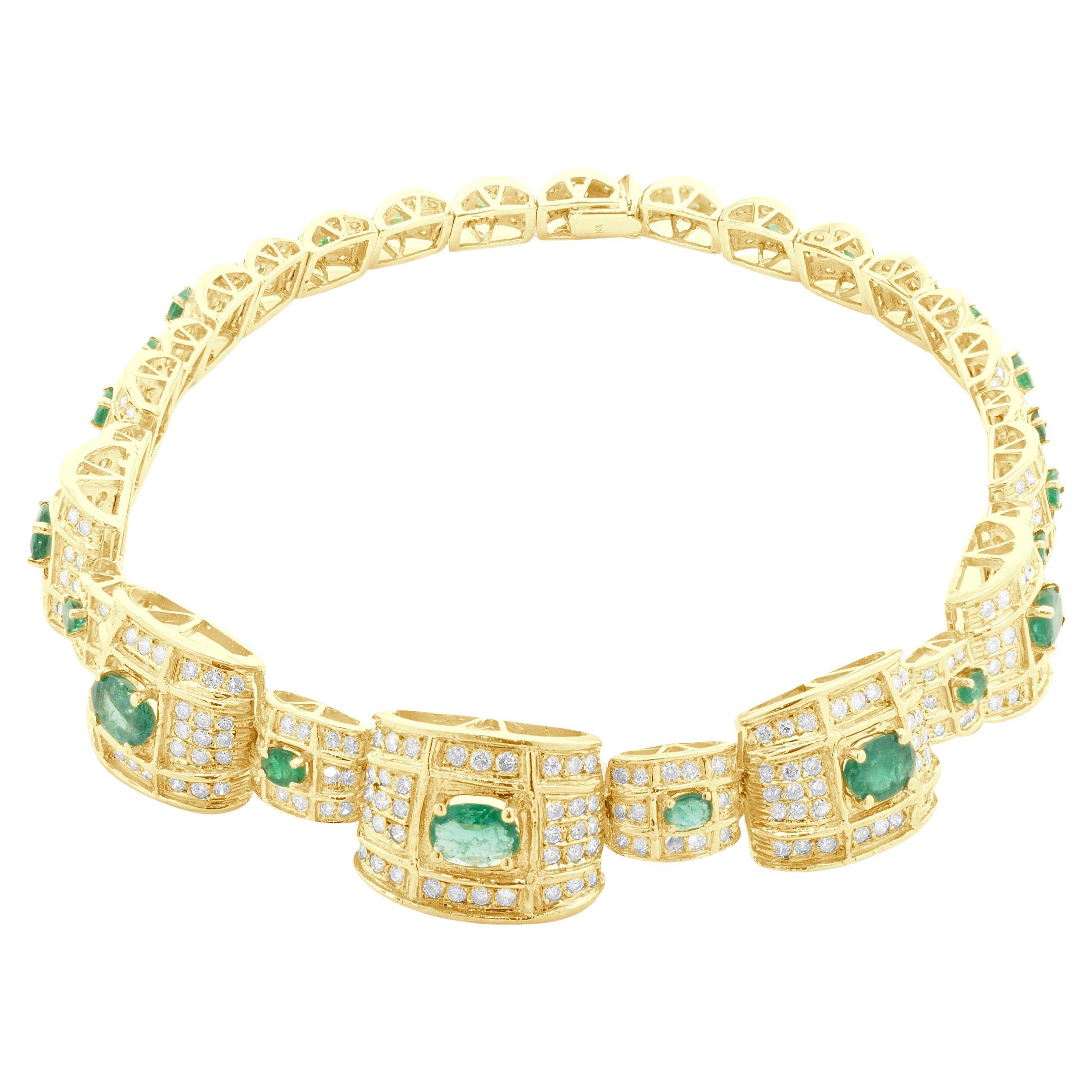 14 Karat Yellow Gold Oval Emerald and Diamond Cocktail Collar Necklace