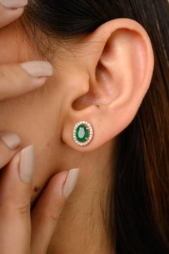 14 Karat Yellow Gold Oval Emerald and Diamond Halo Stud Earrings Gift for Mom