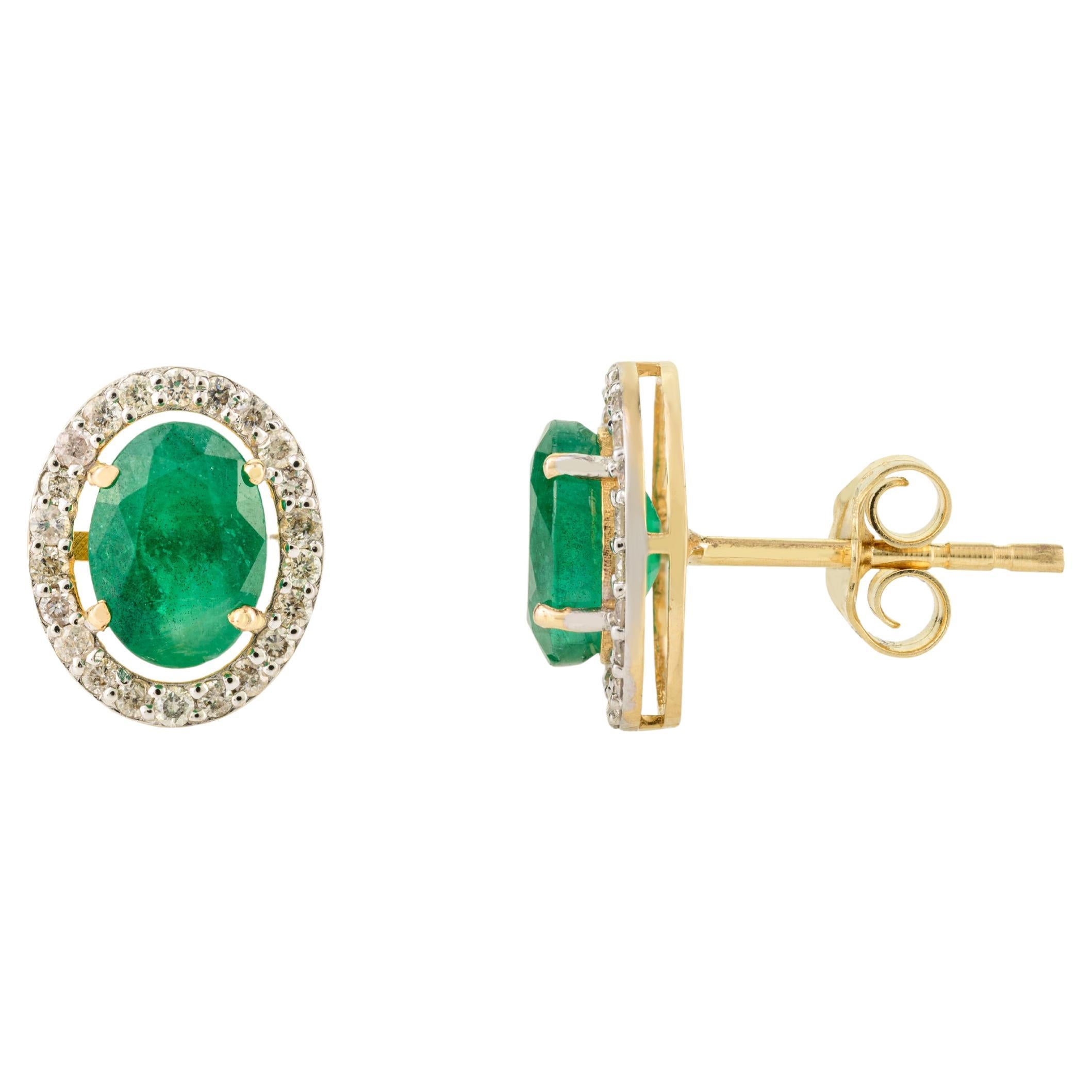 14 Karat Yellow Gold Oval Emerald and Diamond Halo Stud Earrings Gift for Mom For Sale