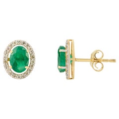 14 Karat Yellow Gold Oval Emerald and Diamond Halo Stud Earrings Gift for Mom