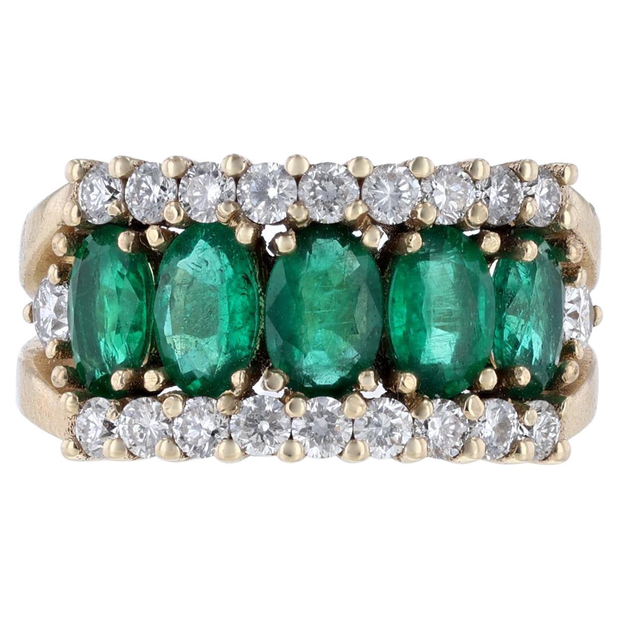 14 Karat Yellow Gold Oval Emerald Row Diamond Fashion Ring, 2.67 Carat