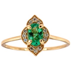 14 Karat Yellow Gold Oval Green Emerald Halo Diamond Ring Center, 2/5 Carat