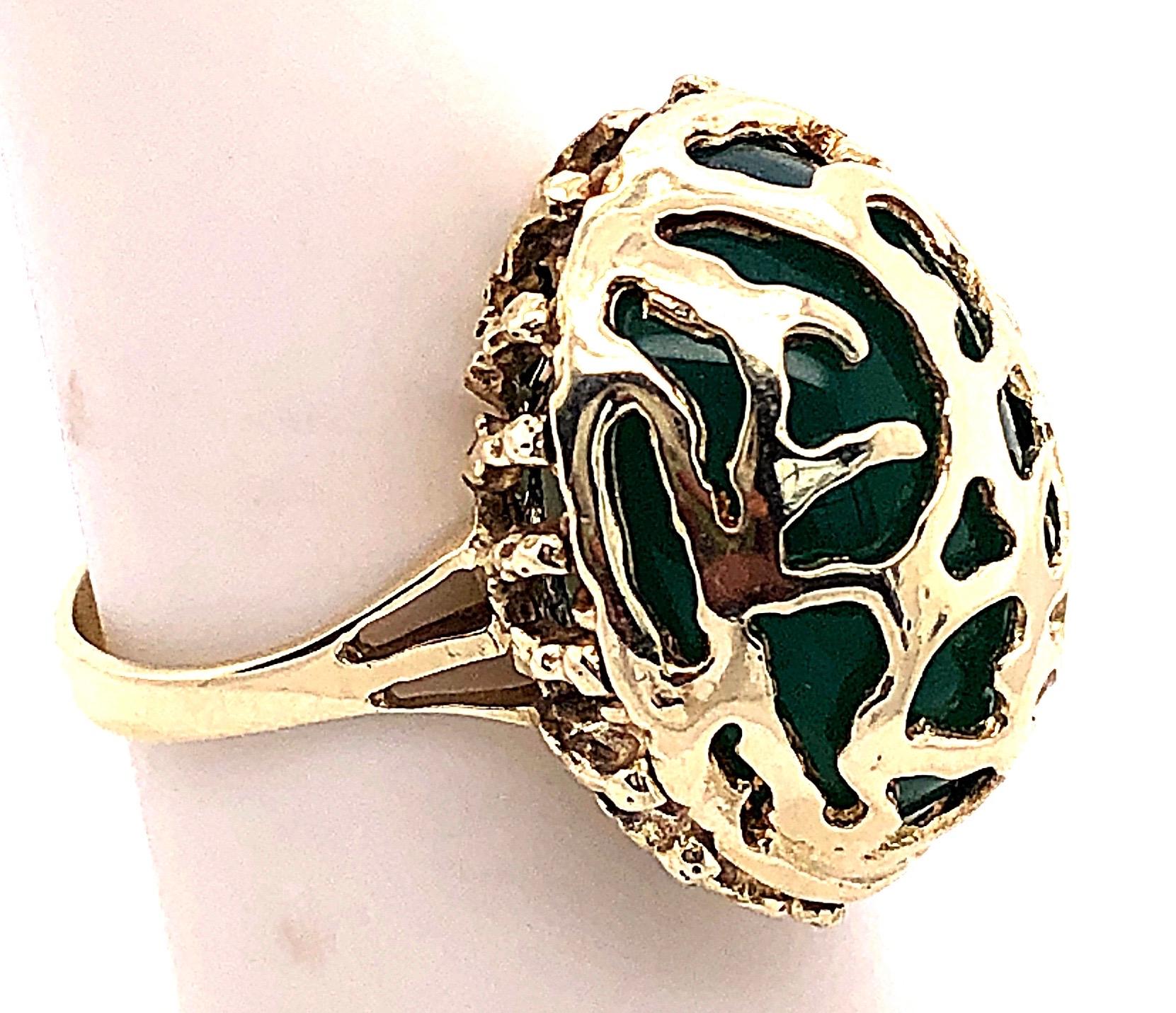 Women's or Men's 14 Karat Yellow Gold Oval Green Onyx with Filigree Overlay Solitaire Ring For Sale
