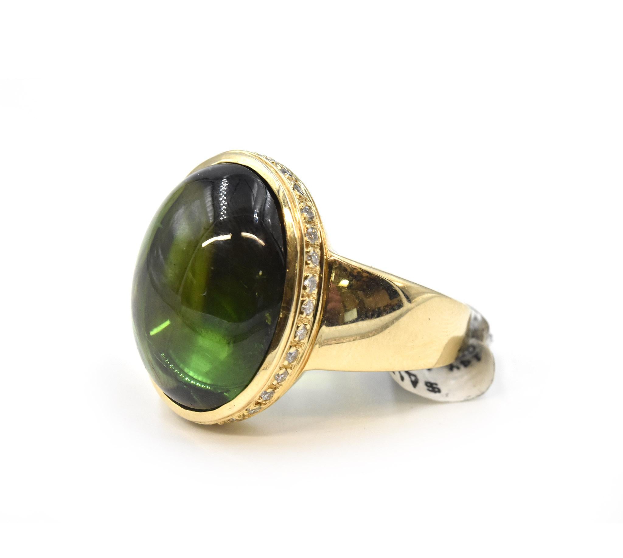 14 Karat Yellow Gold Oval Green Tourmaline Cabochon Diamond Ring In Excellent Condition In Scottsdale, AZ
