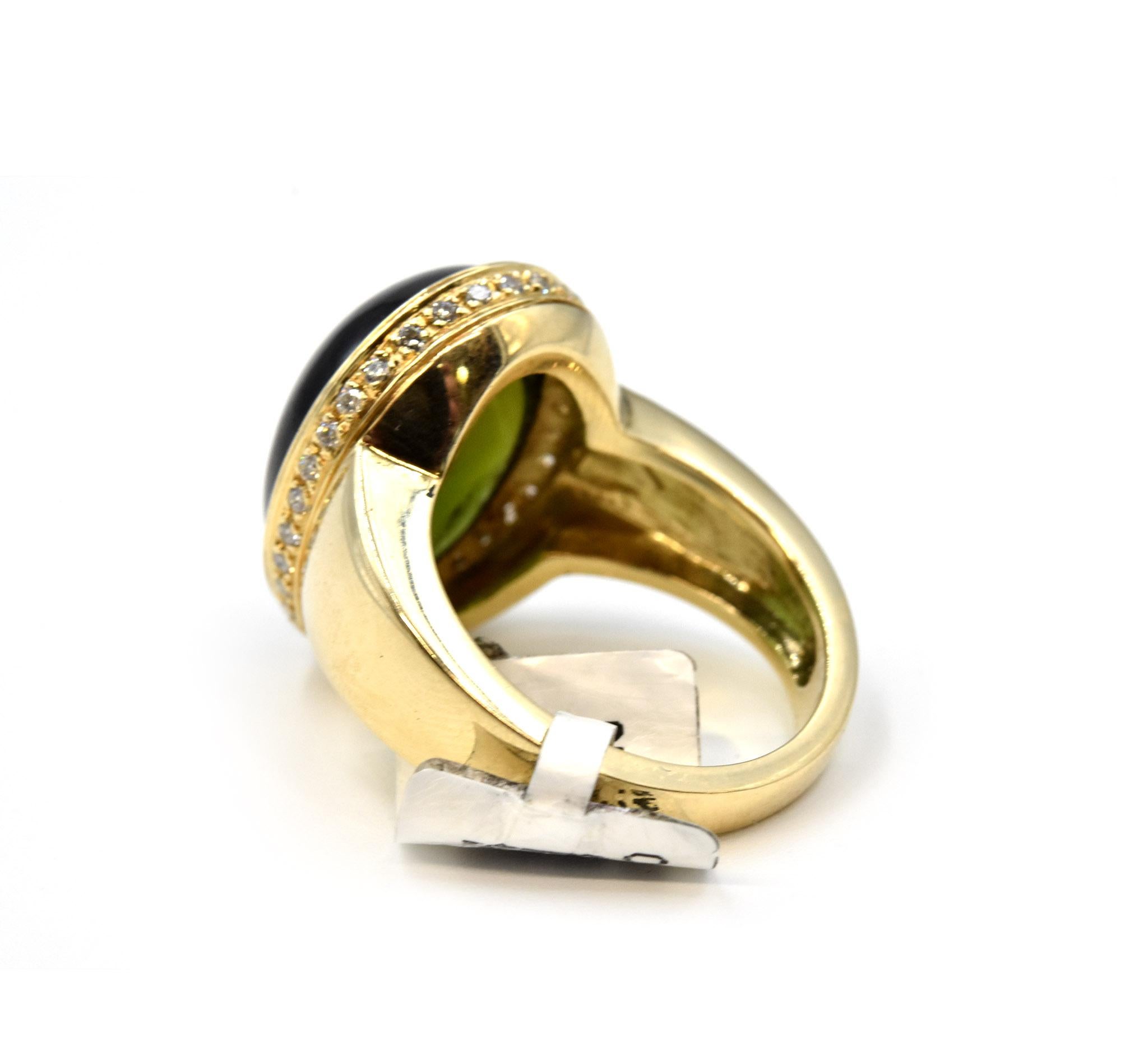 Women's 14 Karat Yellow Gold Oval Green Tourmaline Cabochon Diamond Ring