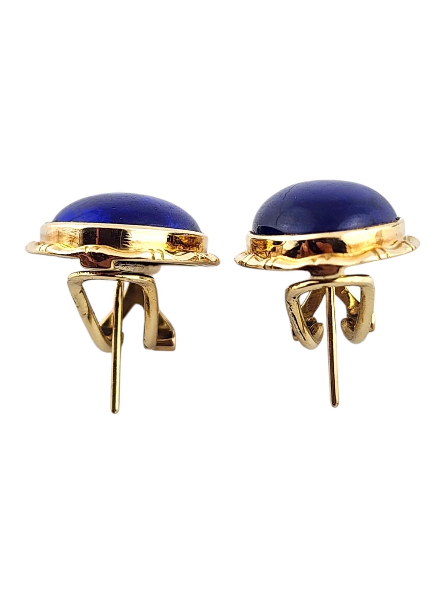 Cabochon 14 Karat Yellow Gold Oval Lapis Omega Back Earrings #18500 For Sale