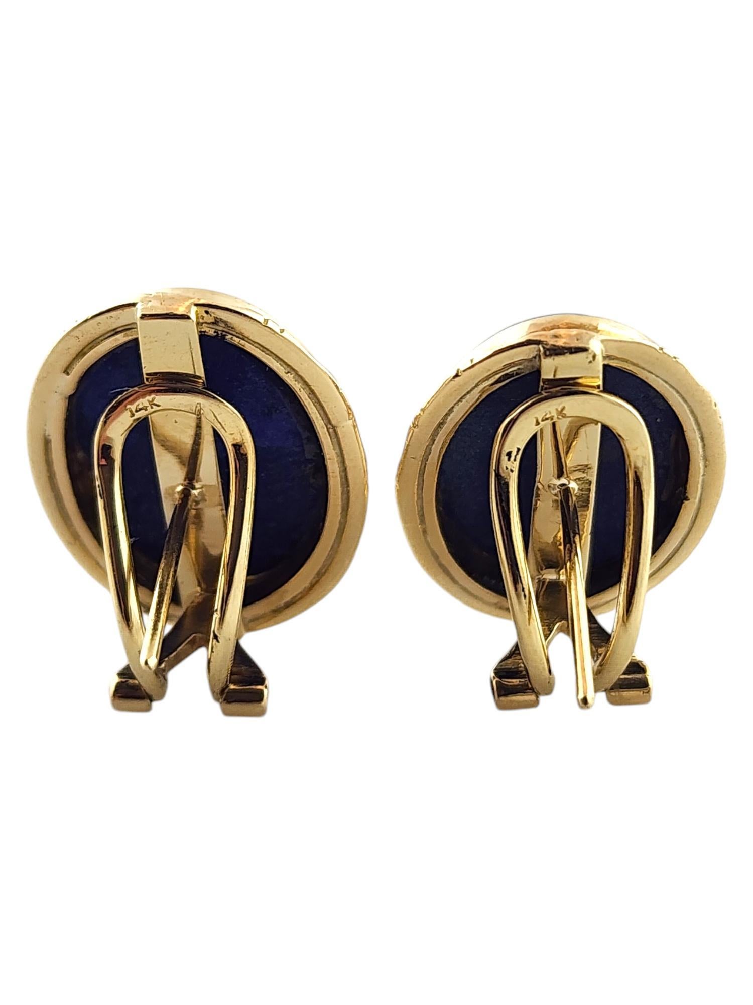 Women's 14 Karat Yellow Gold Oval Lapis Omega Back Earrings #18500 For Sale