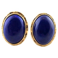 14 Karat Yellow Gold Oval Lapis Omega Back Earrings #18500