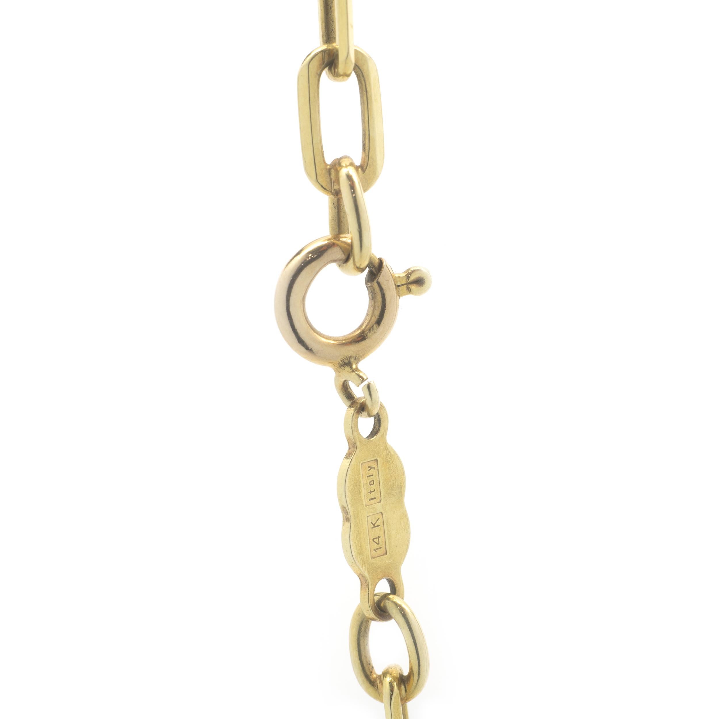 Material: 14k yellow gold
Dimensions: necklace is 20-inches long and measures 4mm in width
Weight: 14.5 grams
