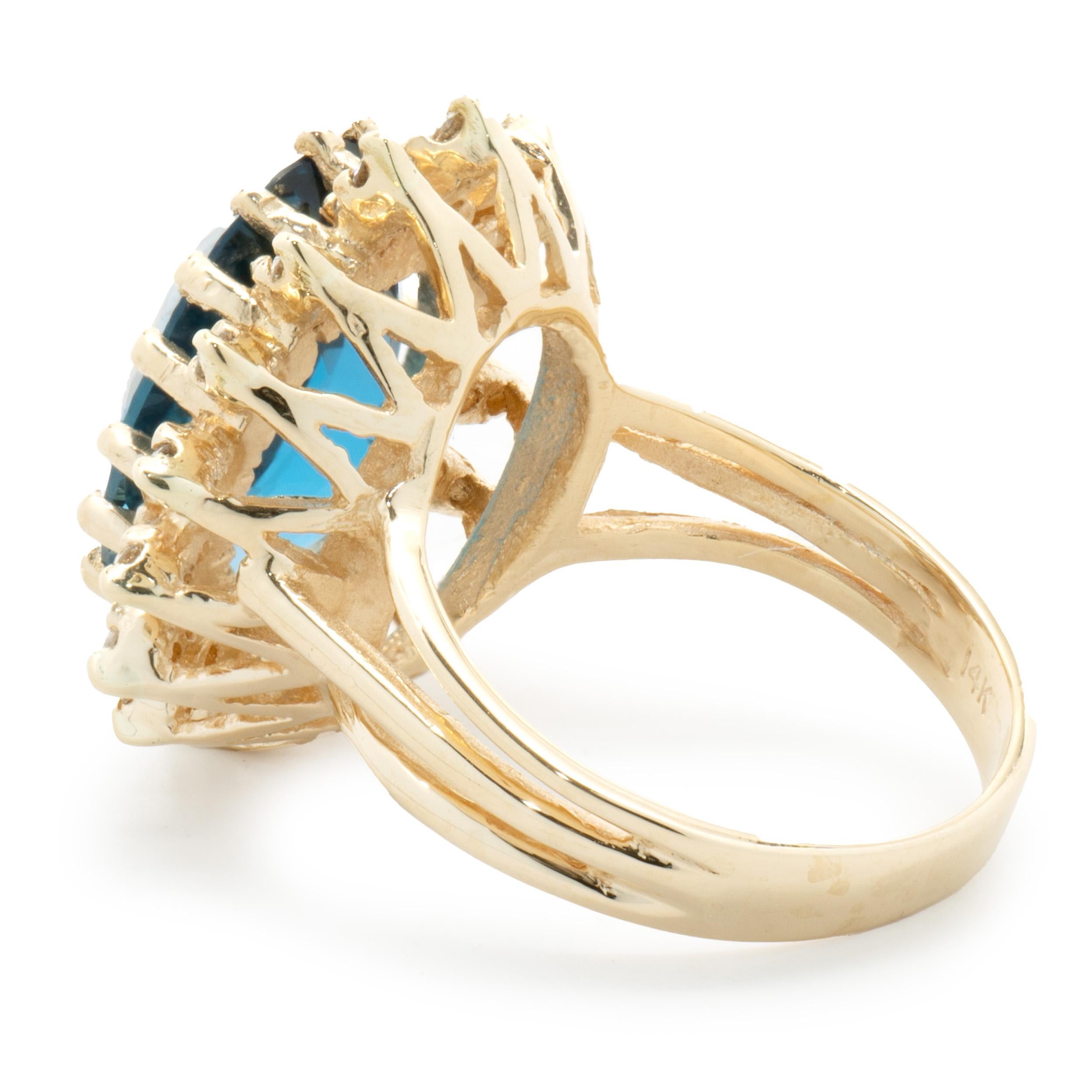 14 Karat Yellow Gold Oval London Blue Topaz and Diamond Cocktail Ring In Excellent Condition In Scottsdale, AZ