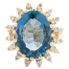 14 Karat Yellow Gold Oval London Blue Topaz and Diamond Cocktail Ring
