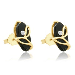 14 Karat Yellow Gold Oval Onyx and Round Diamond Stud Earrings