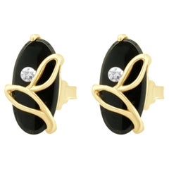 14 Karat Yellow Gold Oval Onyx and Round Diamond Stud Earrings