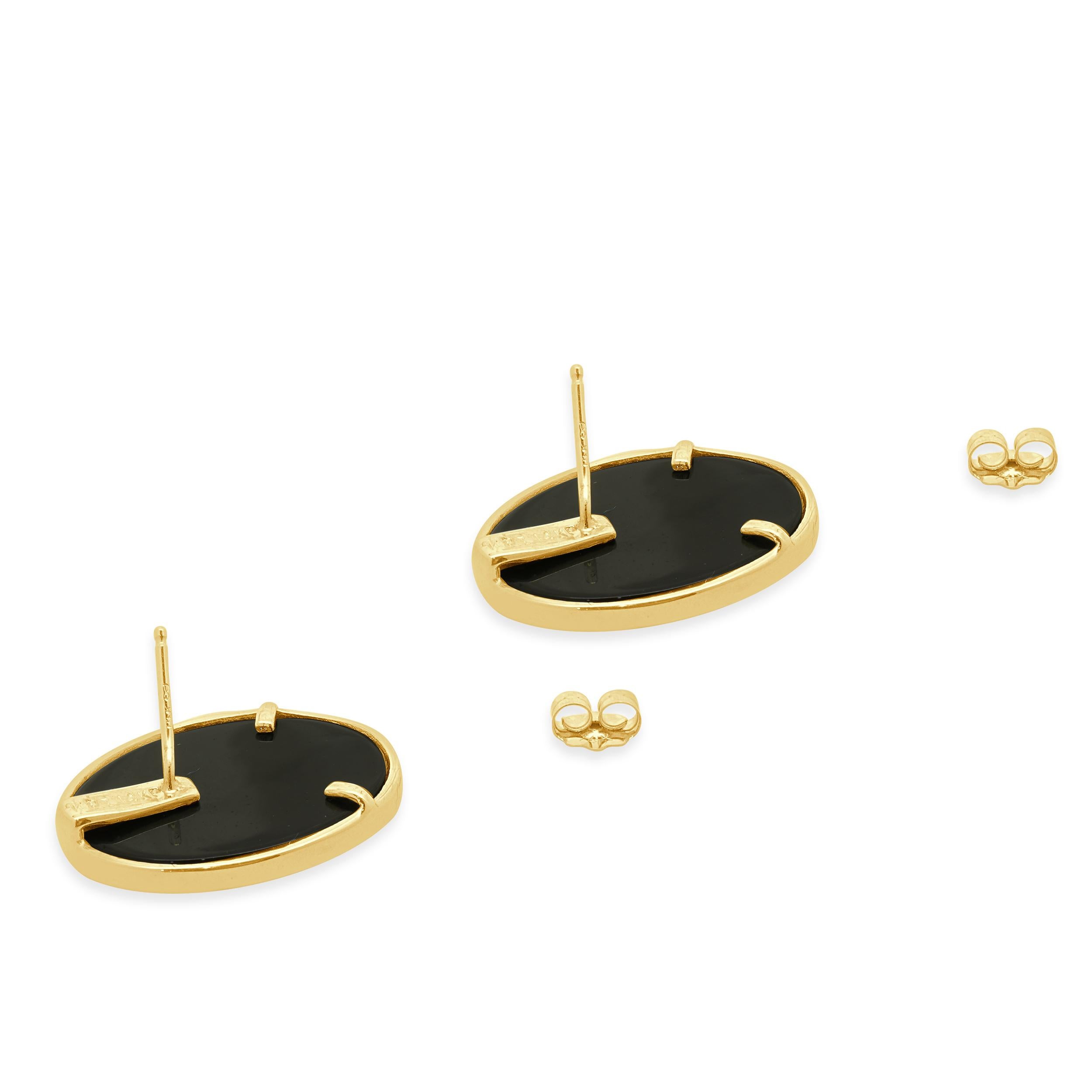 Boucles d'oreilles boutons en or jaune 14 carats Onyx ovale Excellent état - En vente à Scottsdale, AZ