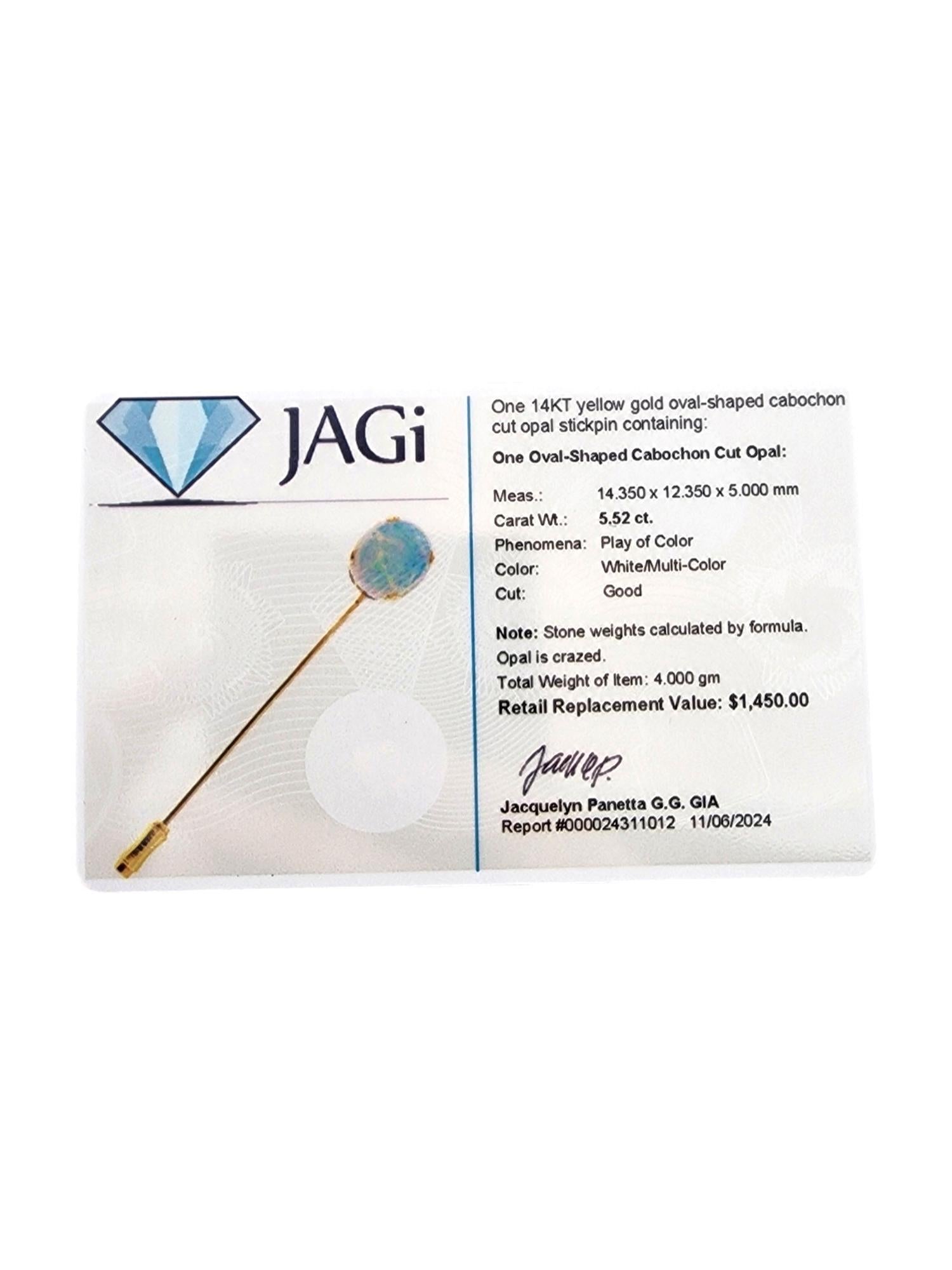 14 Karat Yellow Gold Oval Opal Stick Pin #19807 For Sale 1