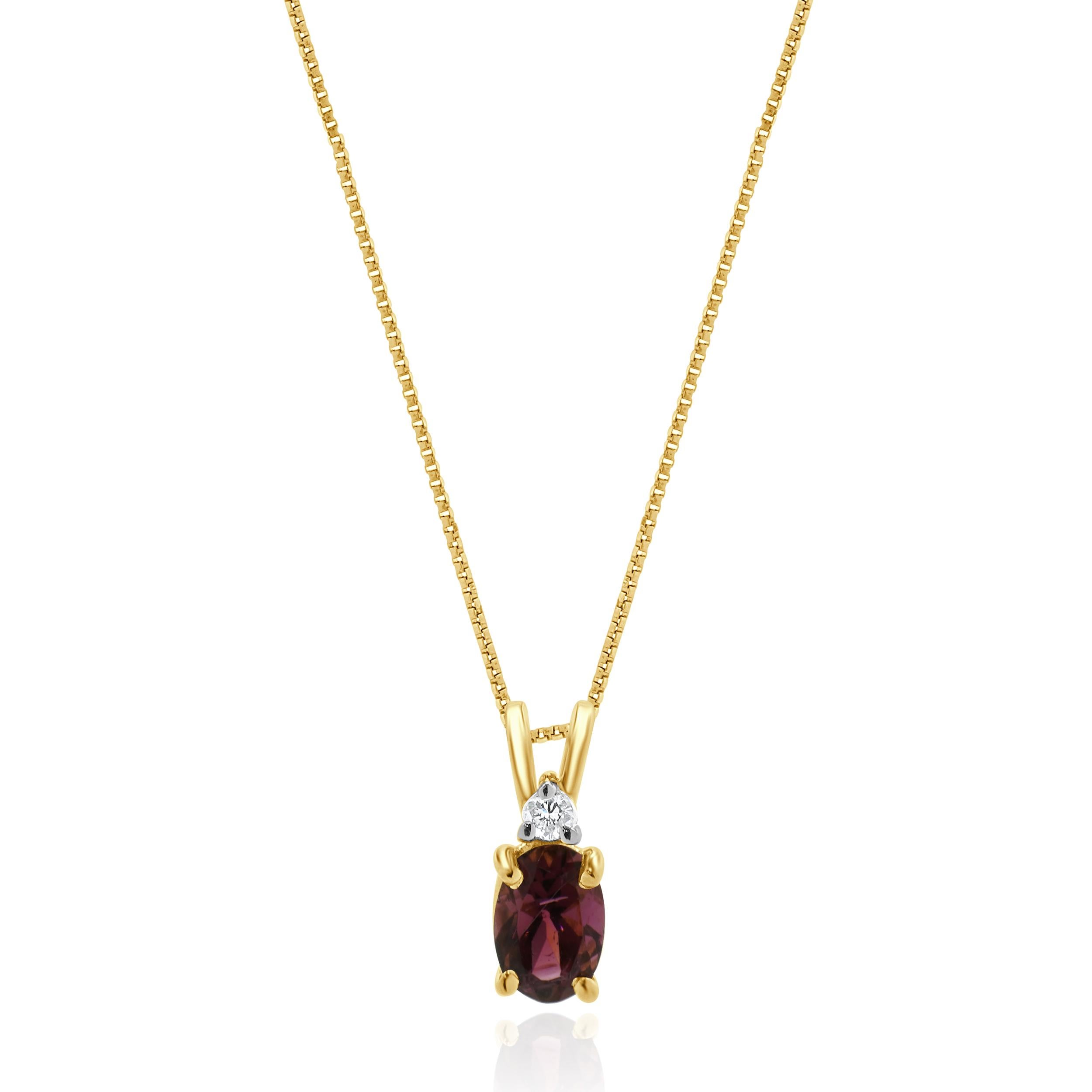 Designer: custom
Material: 14K yellow gold
Diamond: 1 round brilliant cut = 0.02ct
Color: H
Clarity: SI1
Pink Tourmaline: 1 oval cut = 0.40ct
Dimensions: necklace measures 16-inches in length
Weight: 1.54 grams
