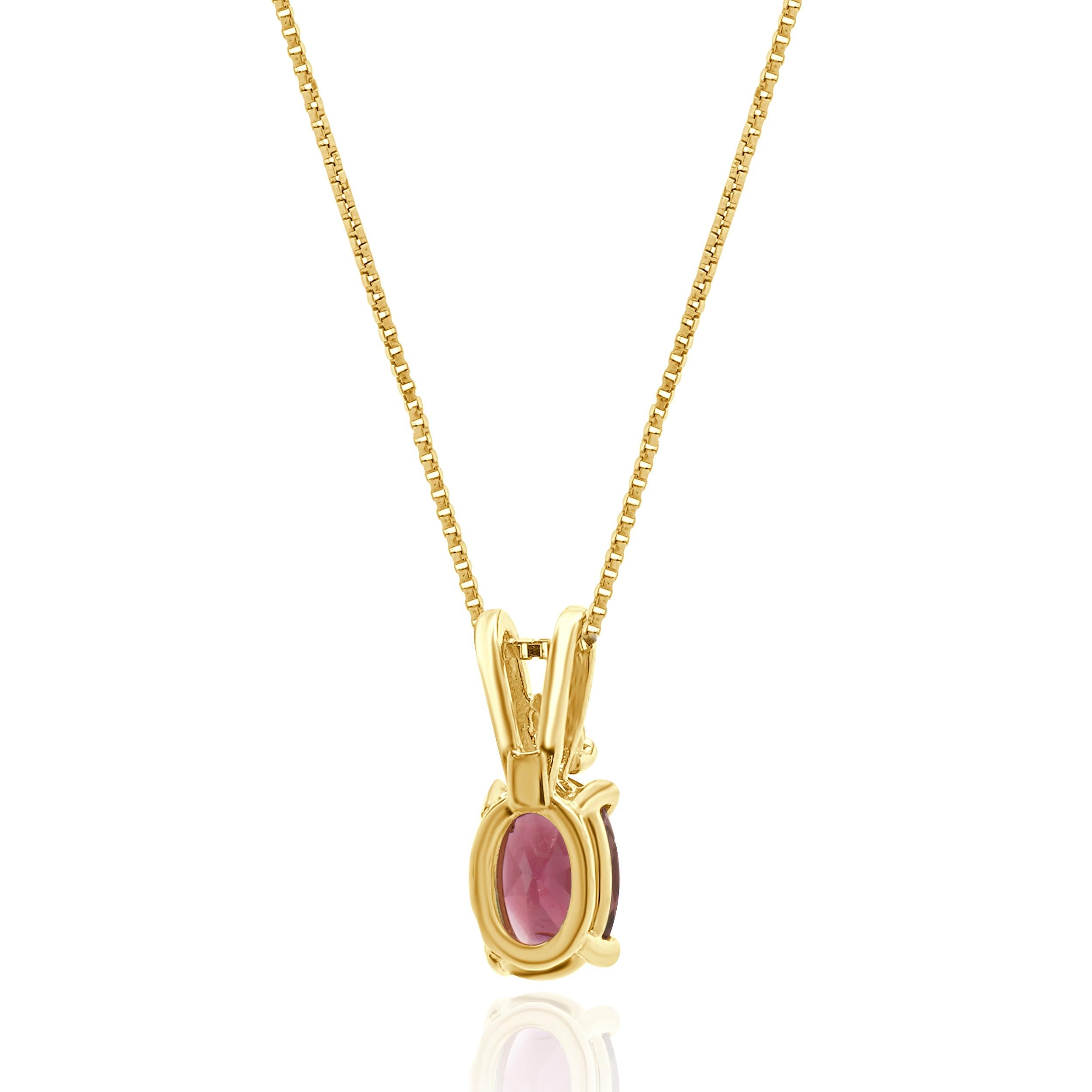 Oval Cut 14 Karat Yellow Gold Oval Pink Tourmaline and Diamond Necklace For Sale