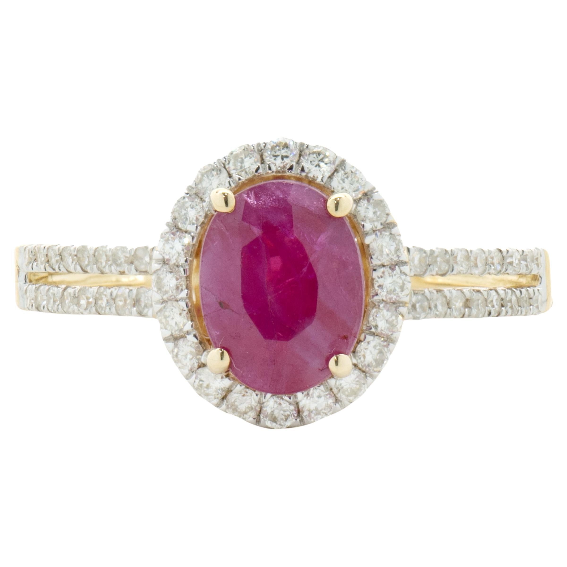 14 Karat Yellow Gold Oval Ruby and  Diamond Ring For Sale