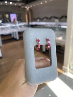 14 Karat Yellow Gold Oval Ruby and Round Diamond Hoop Earrings