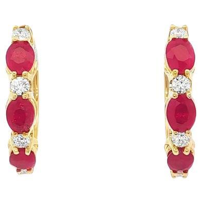 14 Karat Yellow Gold Oval Ruby and Round Diamond Hoop Earrings For Sale