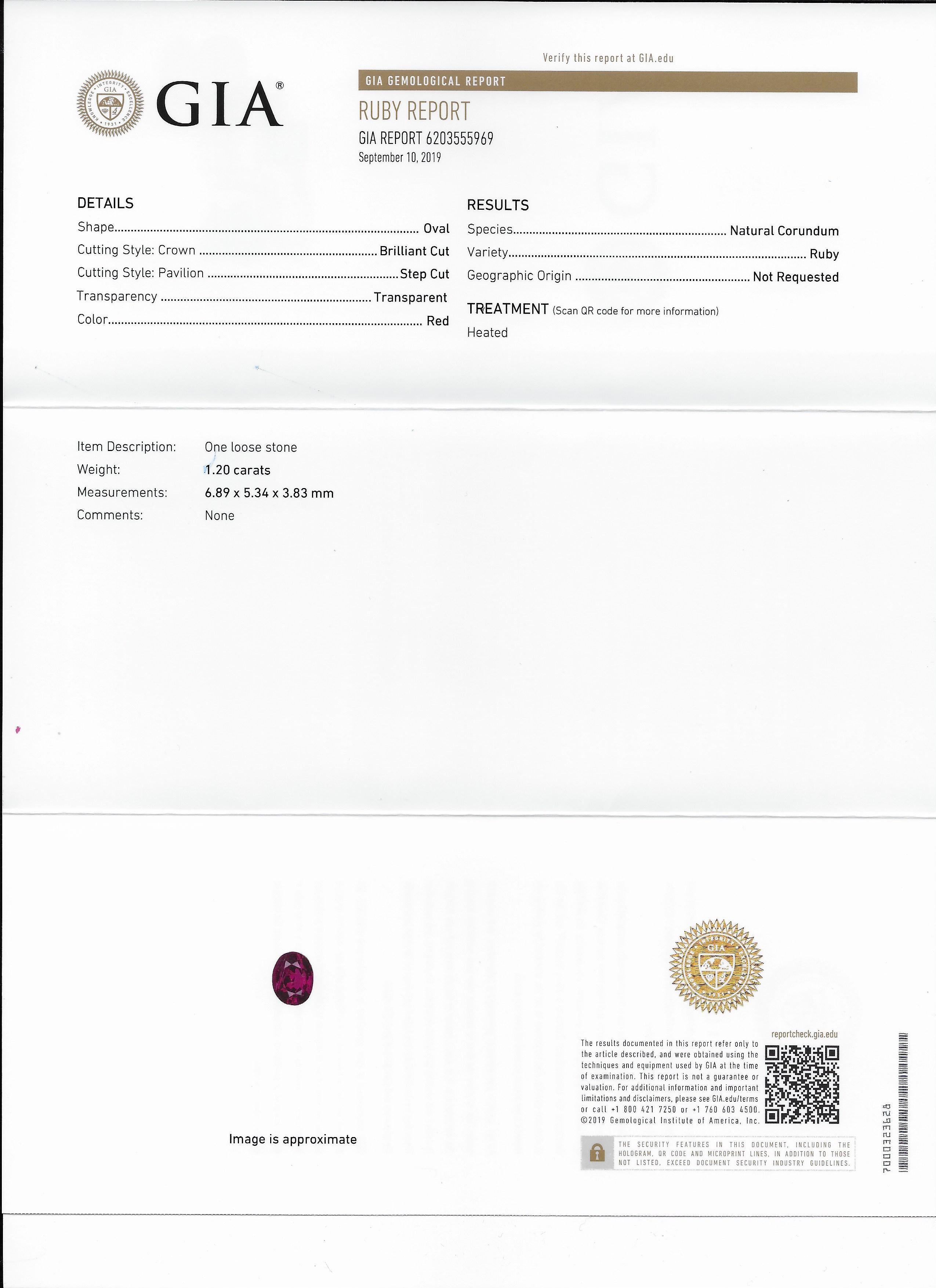 GIA Certified 1.20cts. oval Ruby 14 Karat Yellow Gold Oval Ruby Diamond Ring For Sale 3