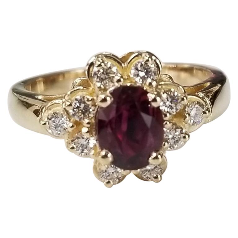 Bague en or jaune 14 carats avec rubis ovale et diamants de 1,20 carat, certifié GIA