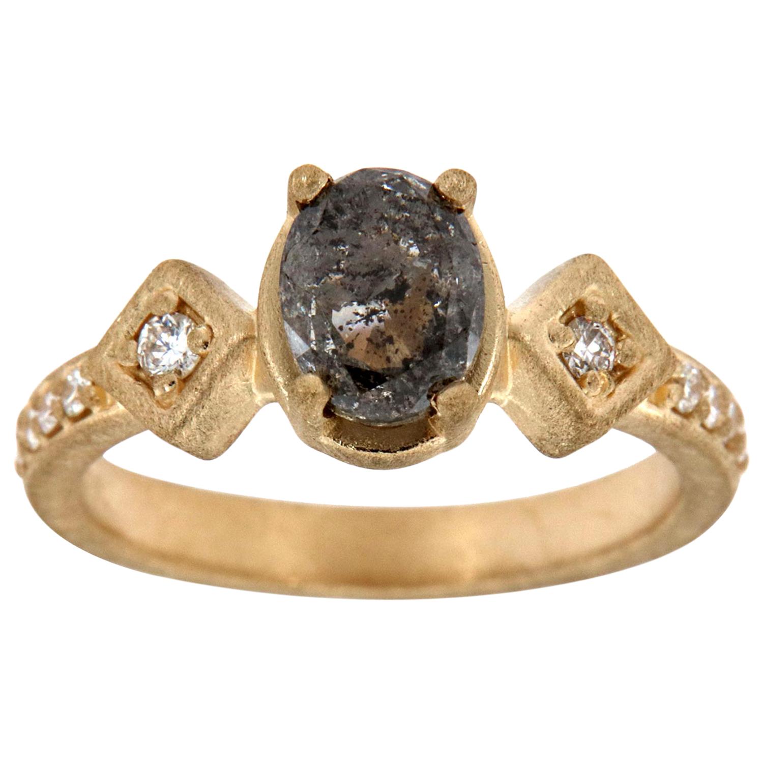 14 Karat Yellow Gold Oval Rustic Salt and Pepper Diamond Ring Center-1.44 Carat For Sale