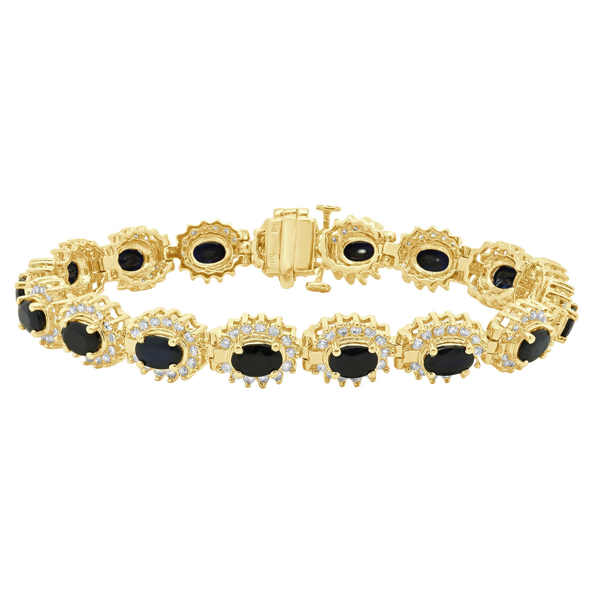 14 Karat Yellow Gold Oval Sapphire and Diamond Halo Bracelet For Sale
