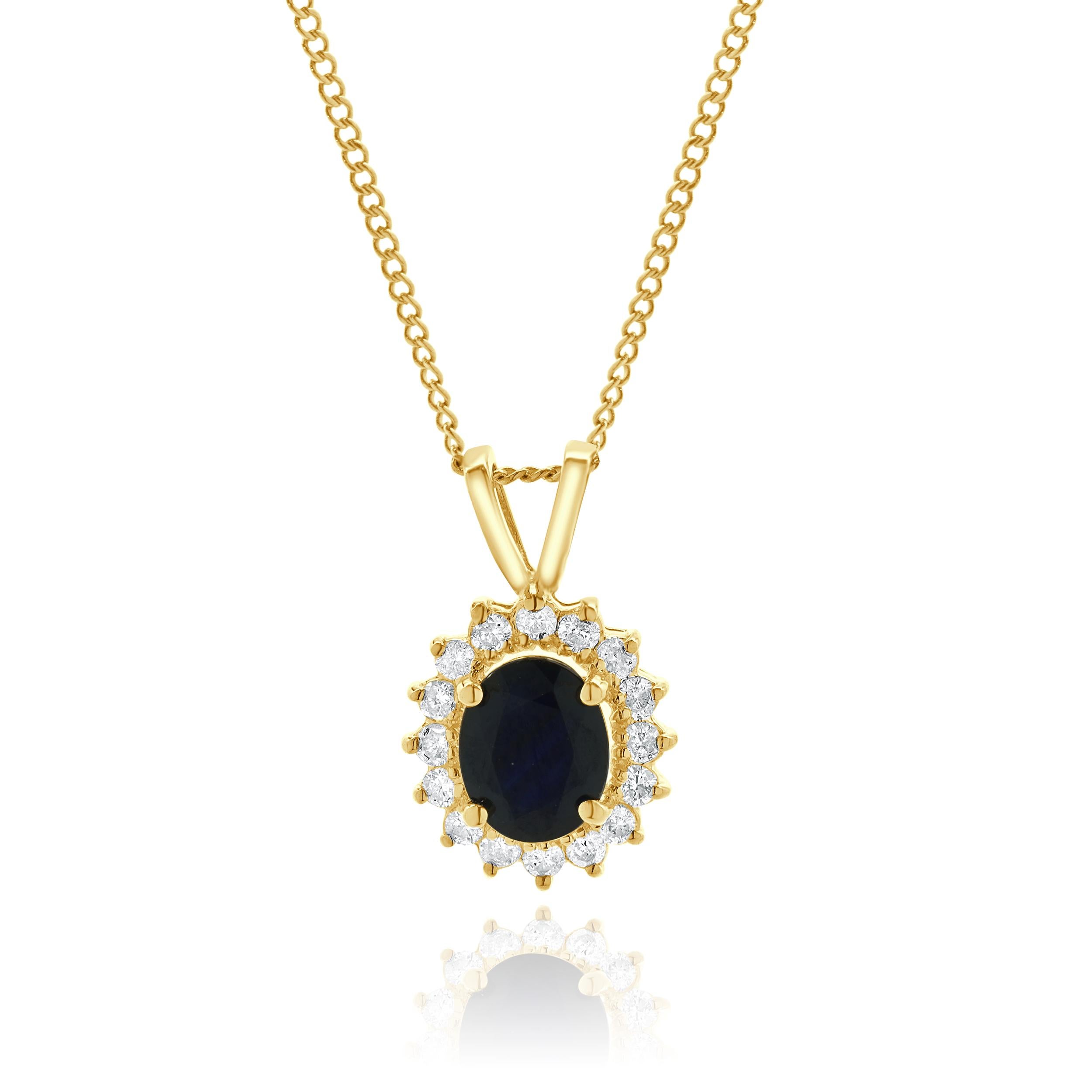 Designer: kundenspezifisch
MATERIAL: 14K Gelbgold
Saphir: ovaler Schliff = 1.95cttw
Diamant: 16 Rundschliffe = 0,50cttw
Farbe: G / H
Klarheit: I2
Länge: Halskette misst 15.75-Zoll in der Länge
Gewicht: 4.94 Gramm
