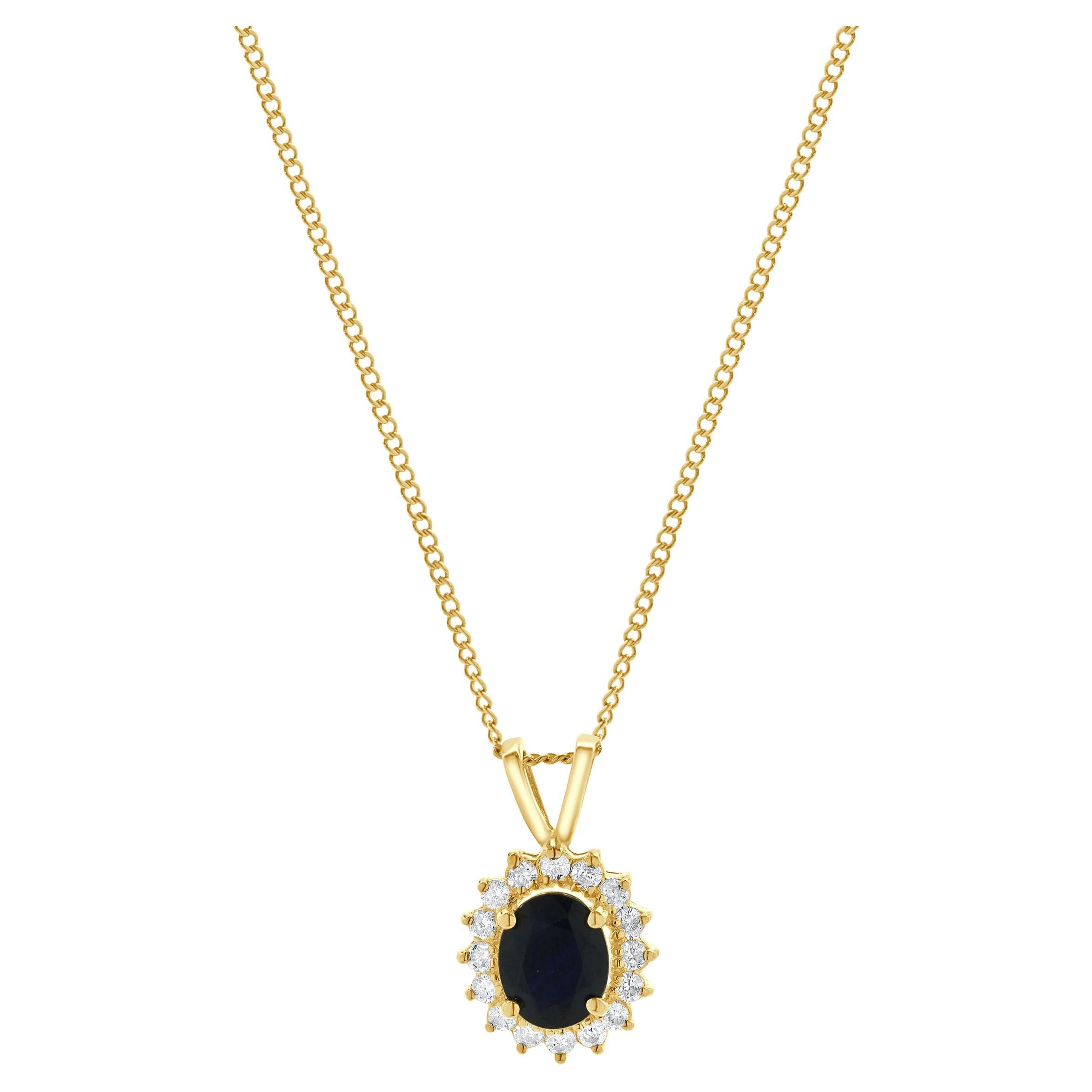 14 Karat Gelbgold Oval Saphir und Diamant Halskette