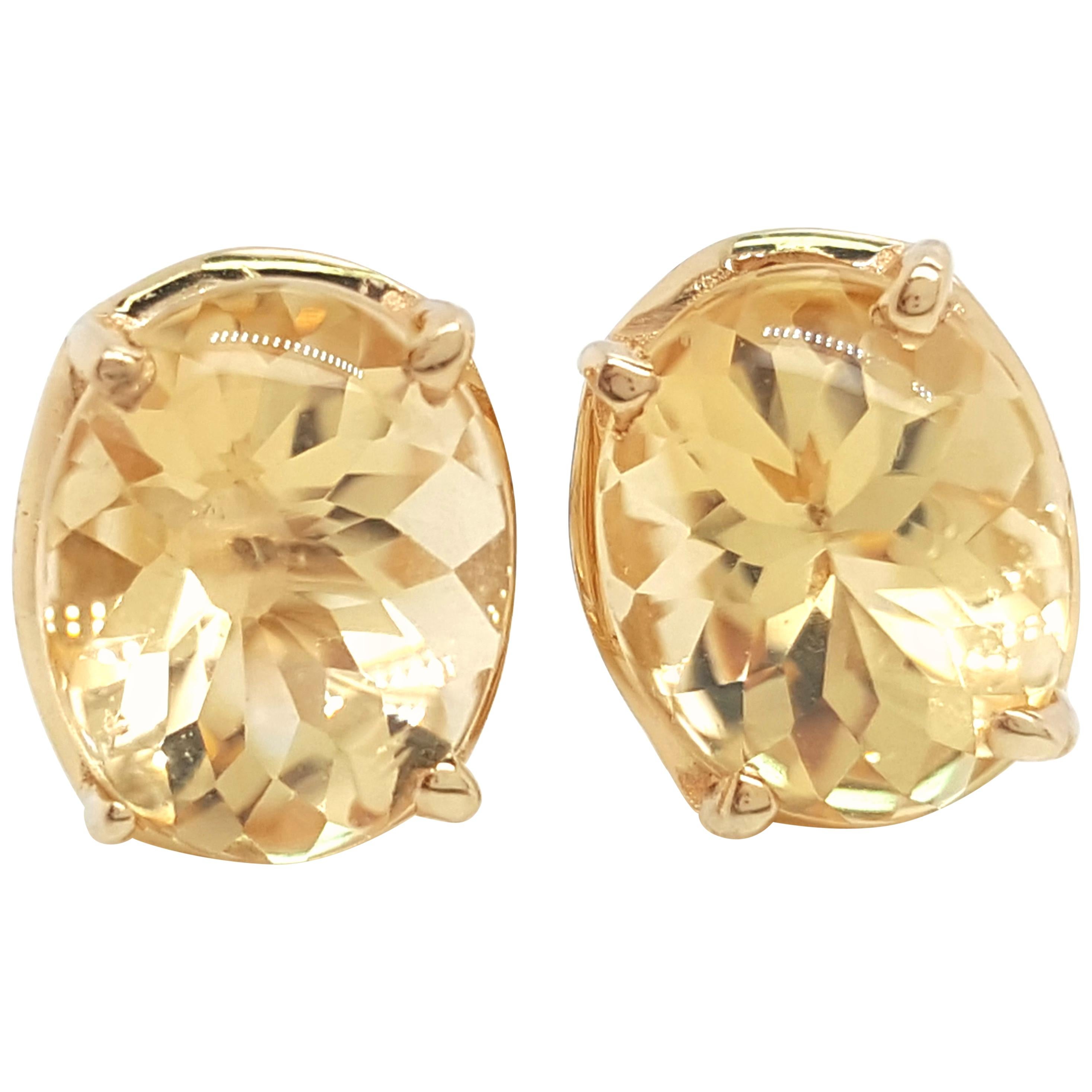 14 Karat Yellow Gold Oval Shaped Buff-Top Faceted Citrine Stud Earrings For Sale