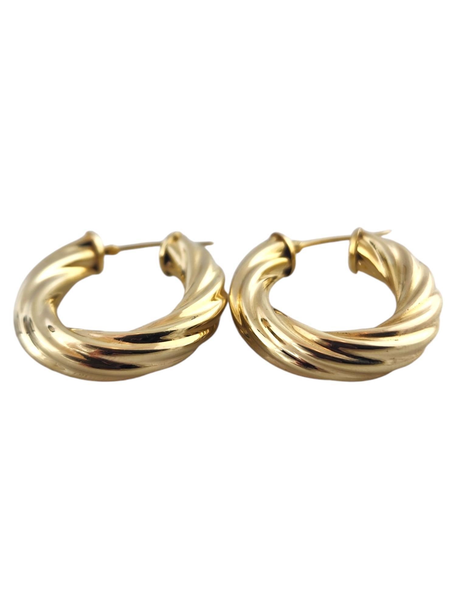 14 Karat Yellow Gold Oval Twisted Hoop Earrings

This beautiful set of 14K yellow gold oval hoop earrings are in a gorgeous, twisted pattern!

Size: 33.9mm X 27.2mm X 5.95mm

Weight: 4.50 g/ 2.90 dwt

Hallmark: 14Kt ITALY

Very good condition,