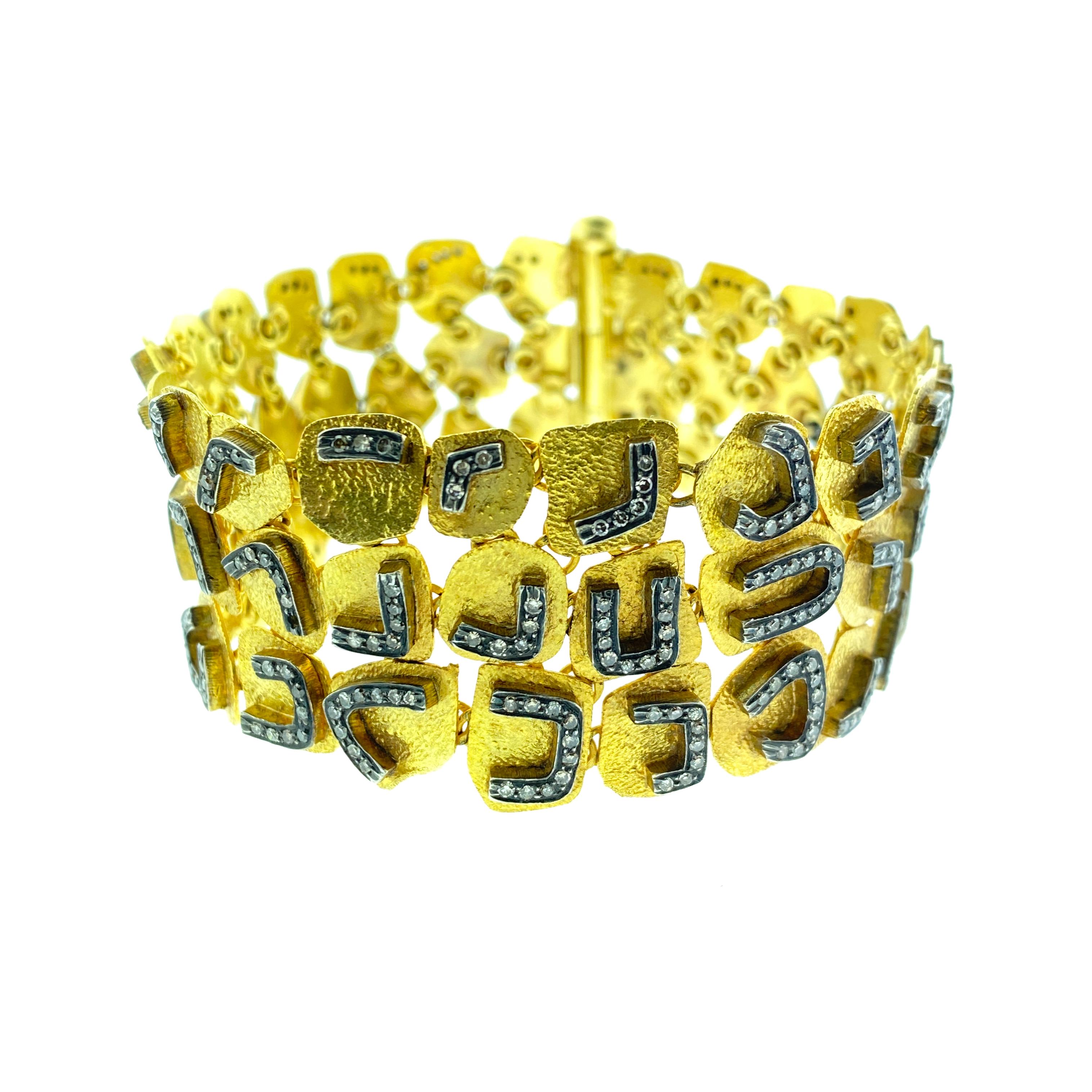 Contemporary 14 Karat Yellow Gold Oxidize Silver Champagne Diamonds 3 Rows Bracelet For Sale