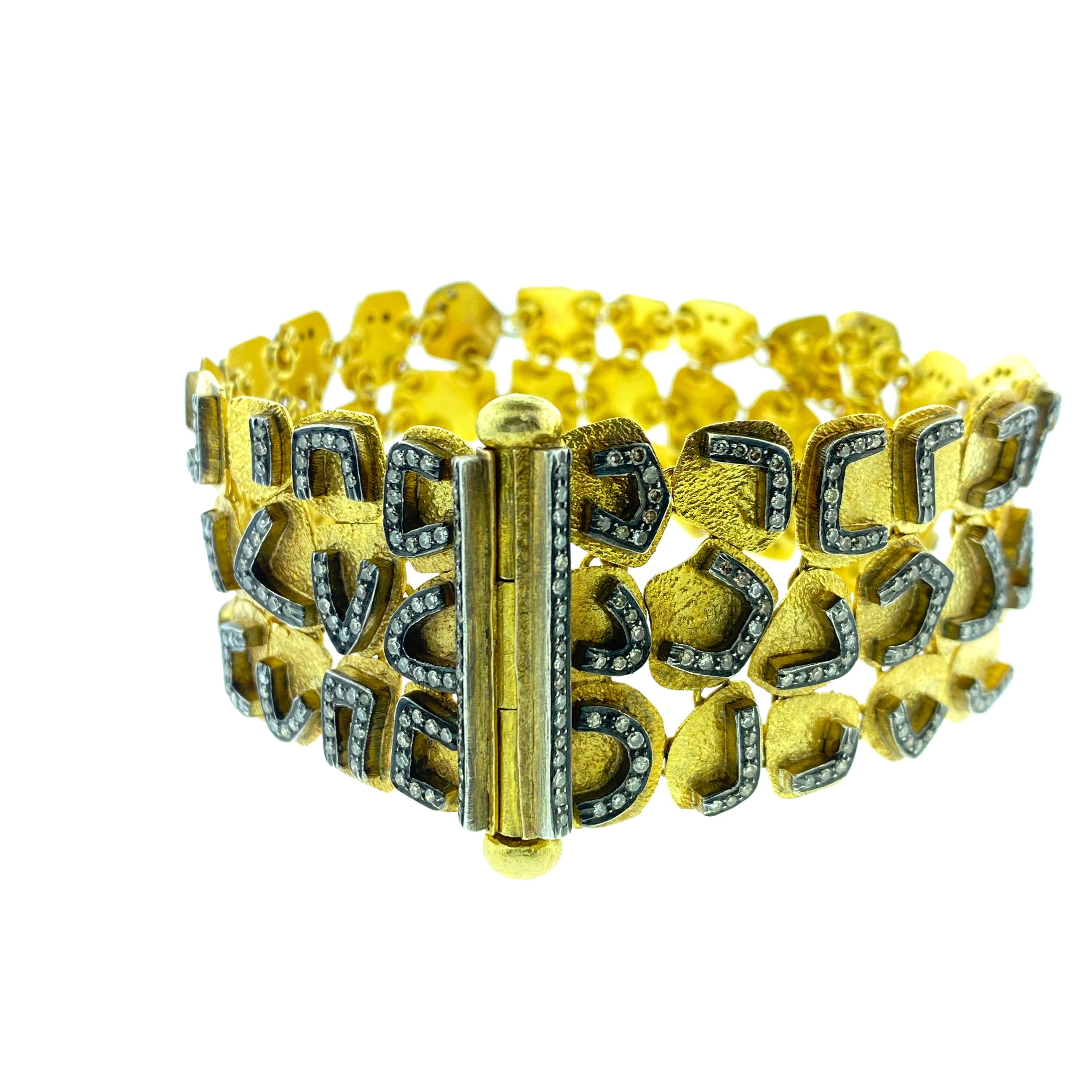 Women's 14 Karat Yellow Gold Oxidize Silver Champagne Diamonds 3 Rows Bracelet For Sale