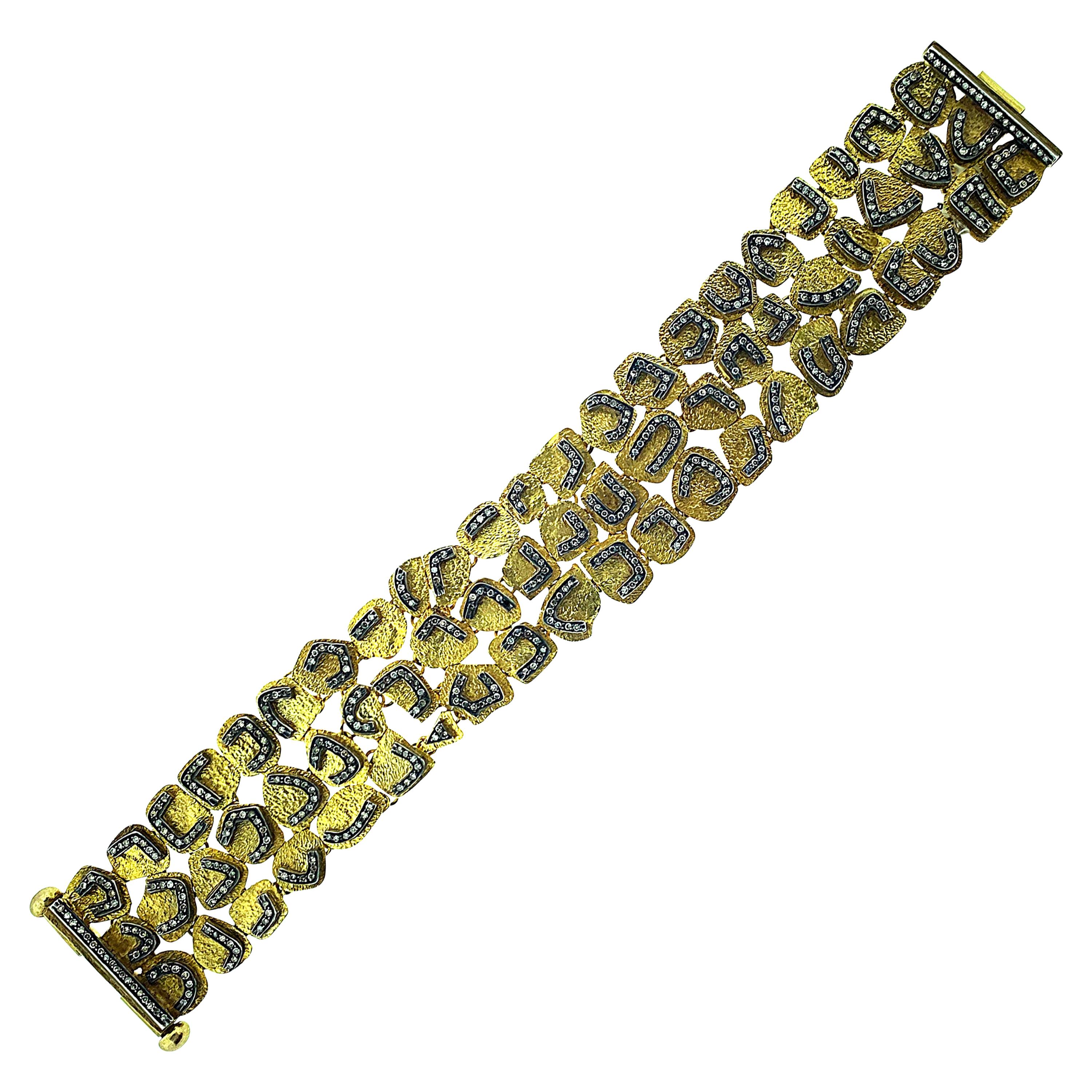 14 Karat Yellow Gold Oxidize Silver Champagne Diamonds 3 Rows Bracelet For Sale